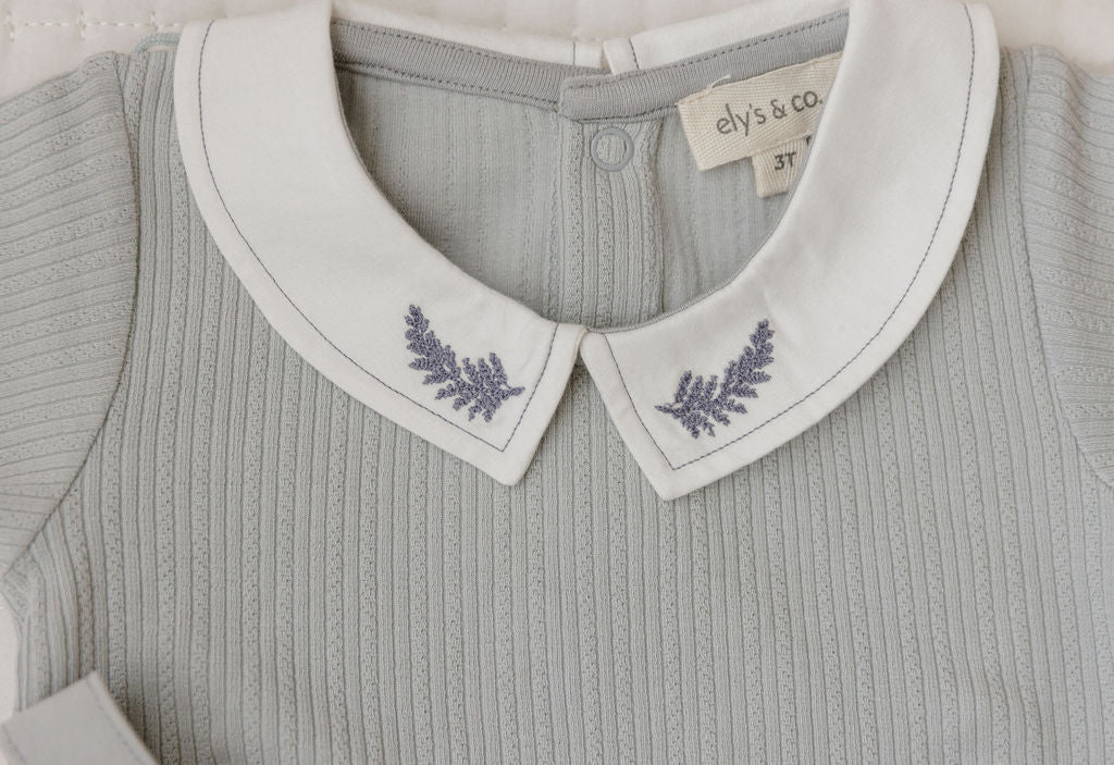 Ely’s & Co. Organic Embroidered Collar Collection Footie - Blue Leaf