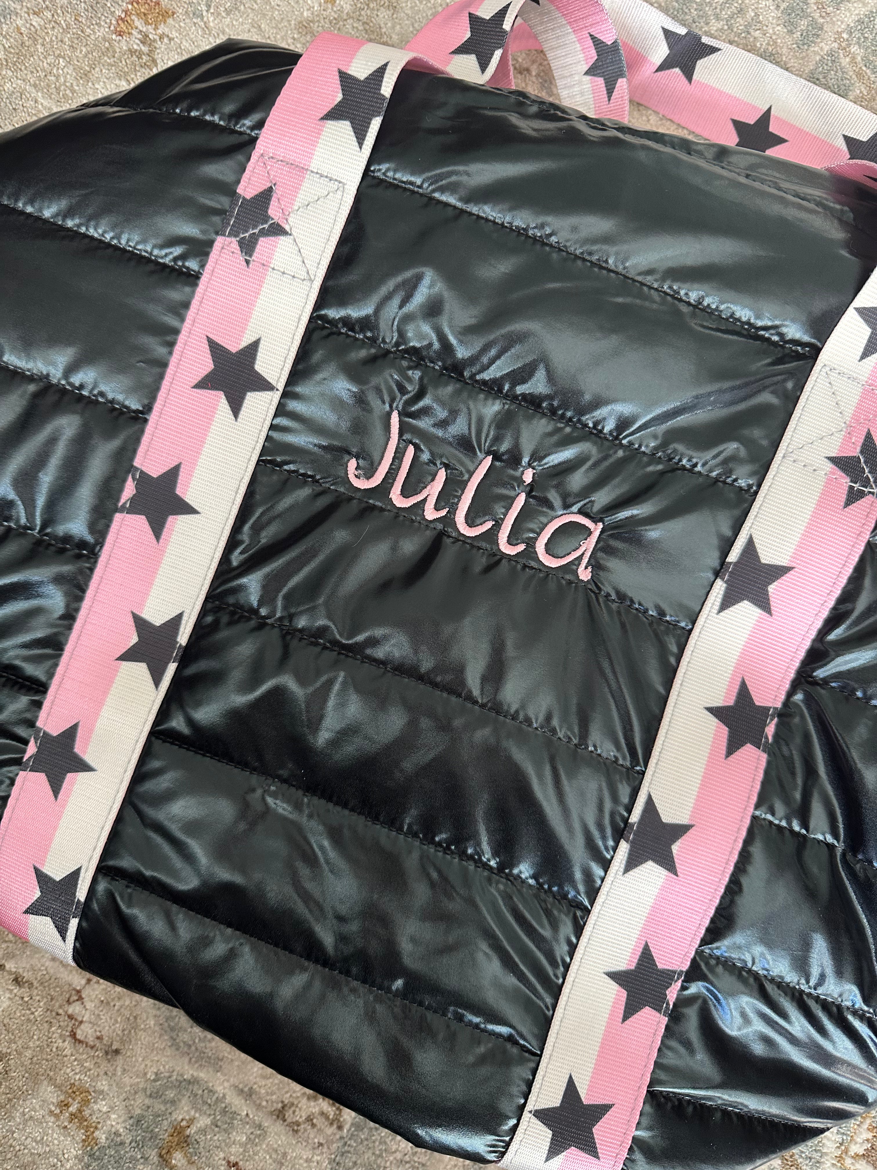 Top Trenz - Black Puffer Duffle Bag Pink White Split Star Strap