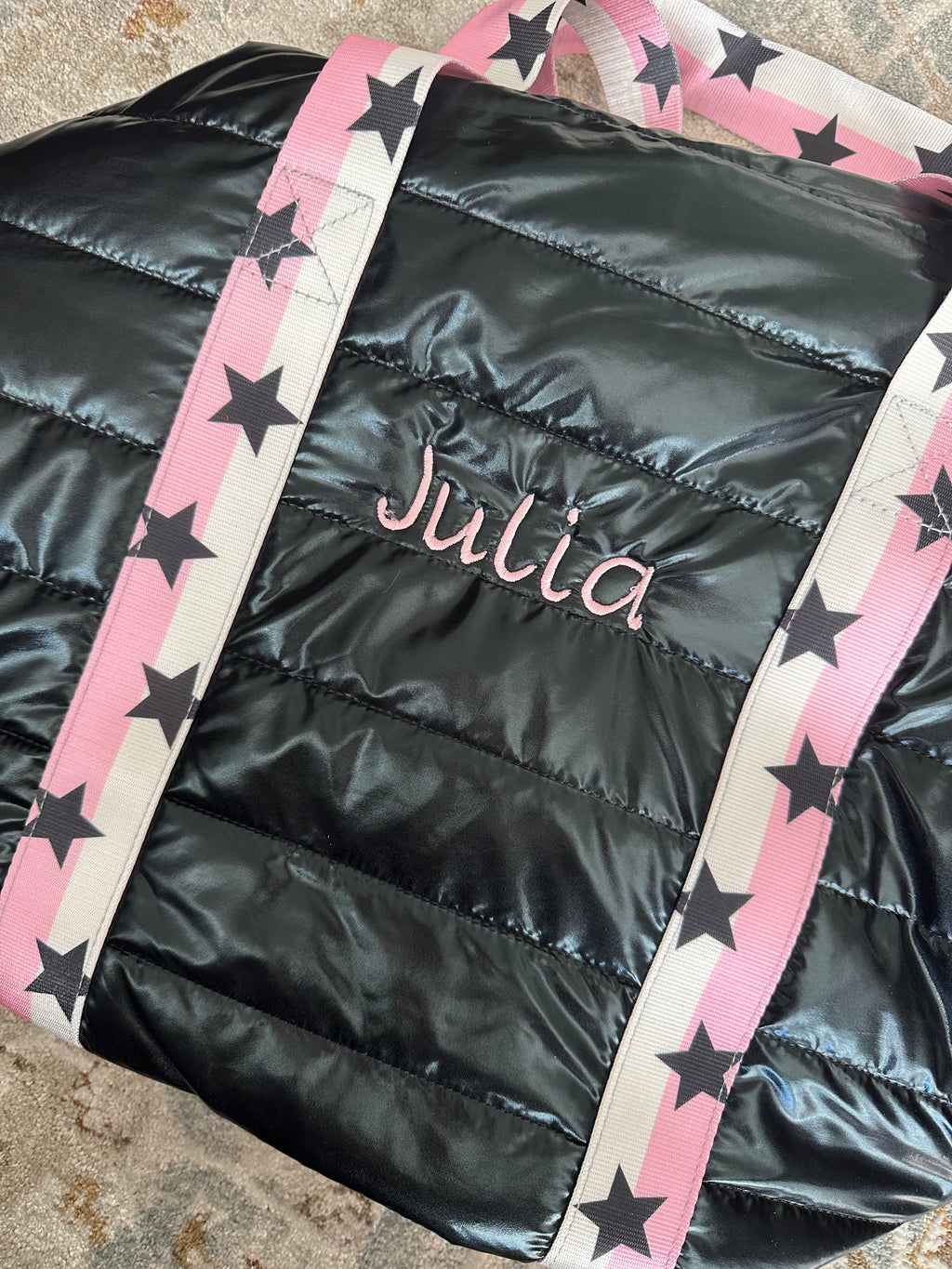 Top Trenz - Black Puffer Duffle Bag Pink White Split Star Strap