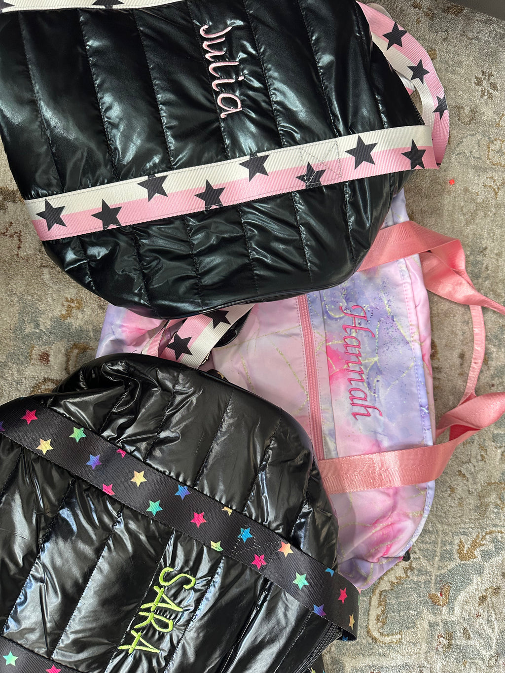 Top Trenz - Black Puffer Duffle Bag Pink White Split Star Strap