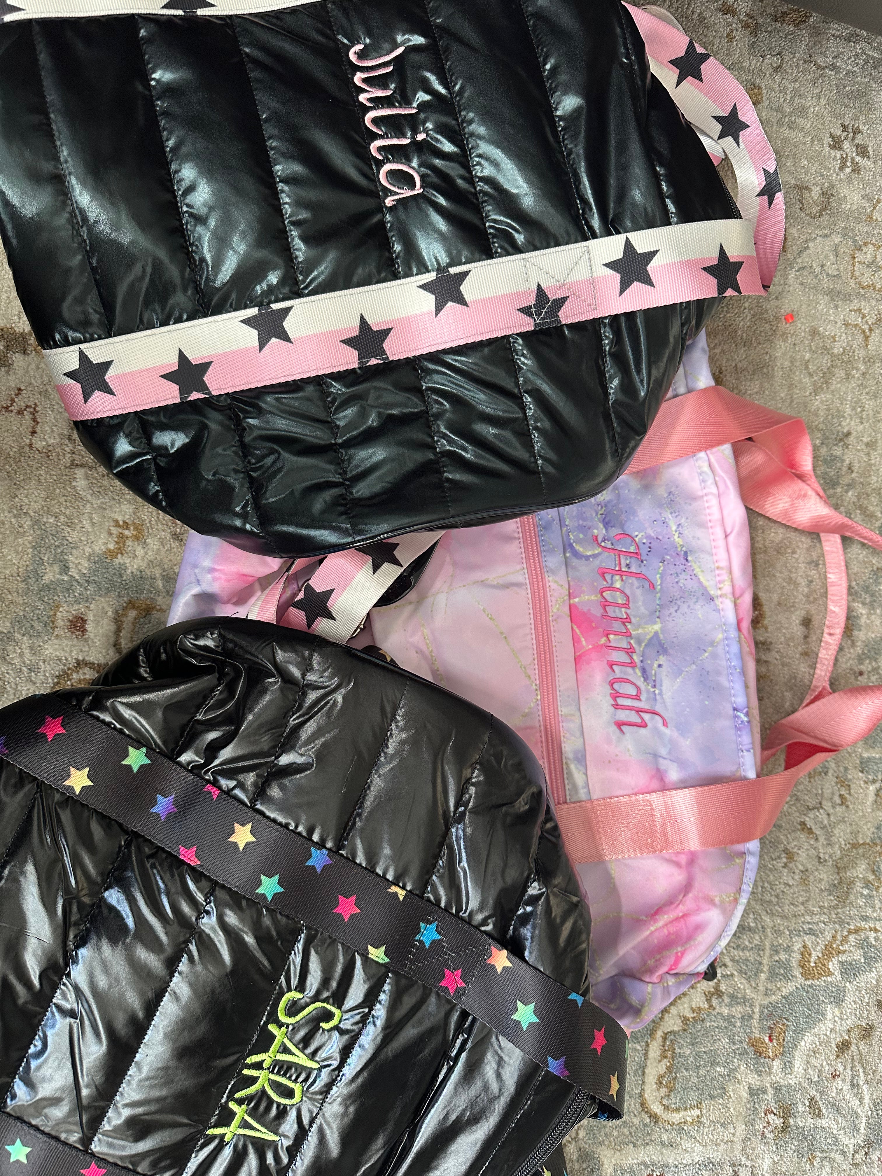 Top Trenz - Black Puffer Duffle Bag Pink White Split Star Strap