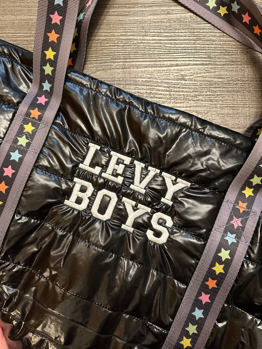 Top Trenz  Black Puffer Tote Multi Star Strap