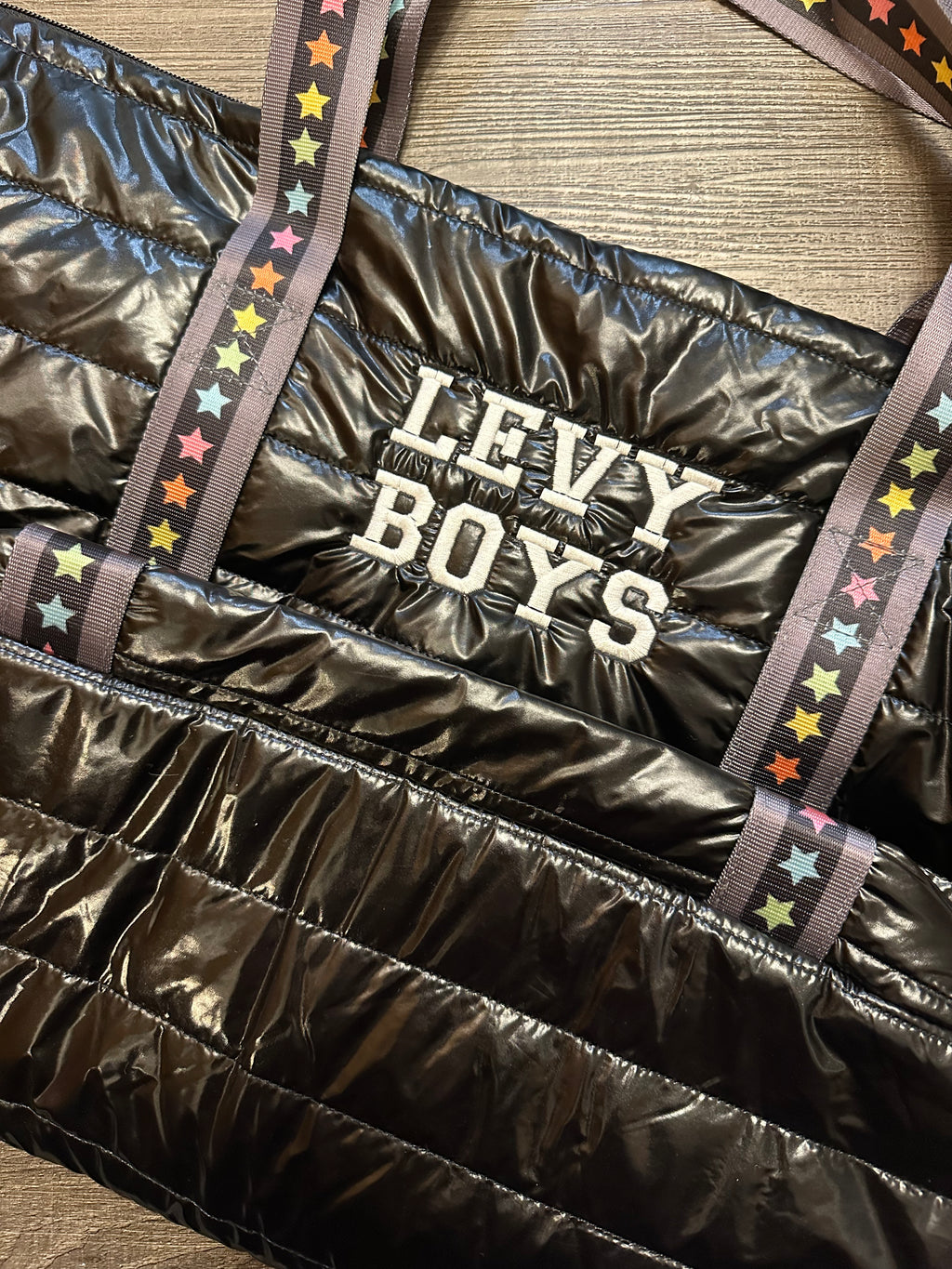 Top Trenz  Black Puffer Tote Multi Star Strap