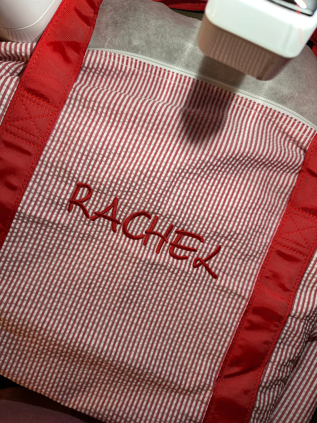 Mint - Red Seersucker Medium Duffle Bag