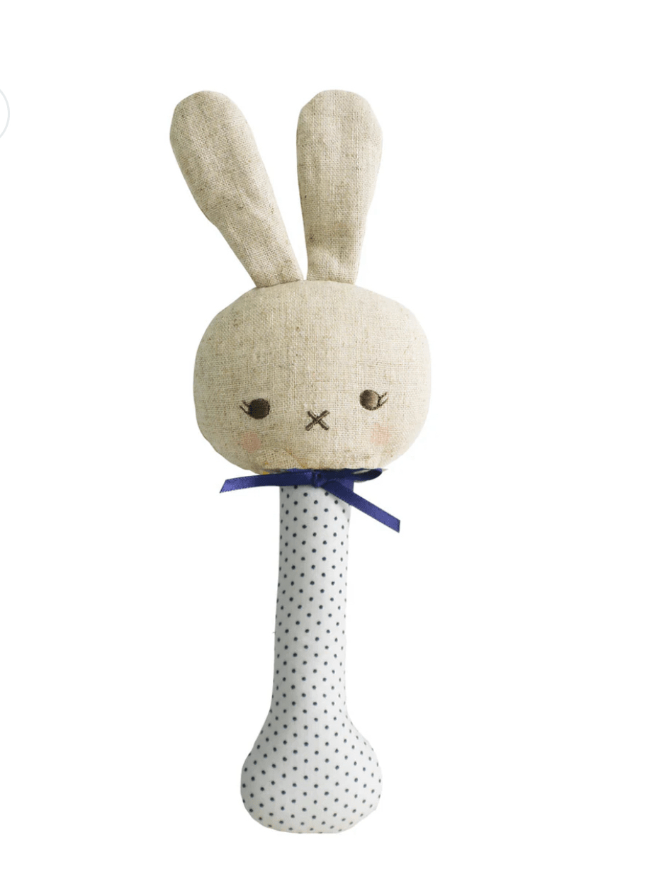 Alimrose Bunny Stick Rattle Navy Spot - Blissful Bundlz