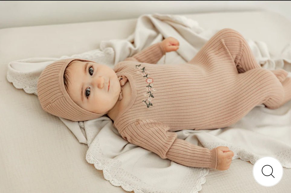 Apricot - Ribbed Knit Footie & Bonnet - Girls - Blissful Bundlz