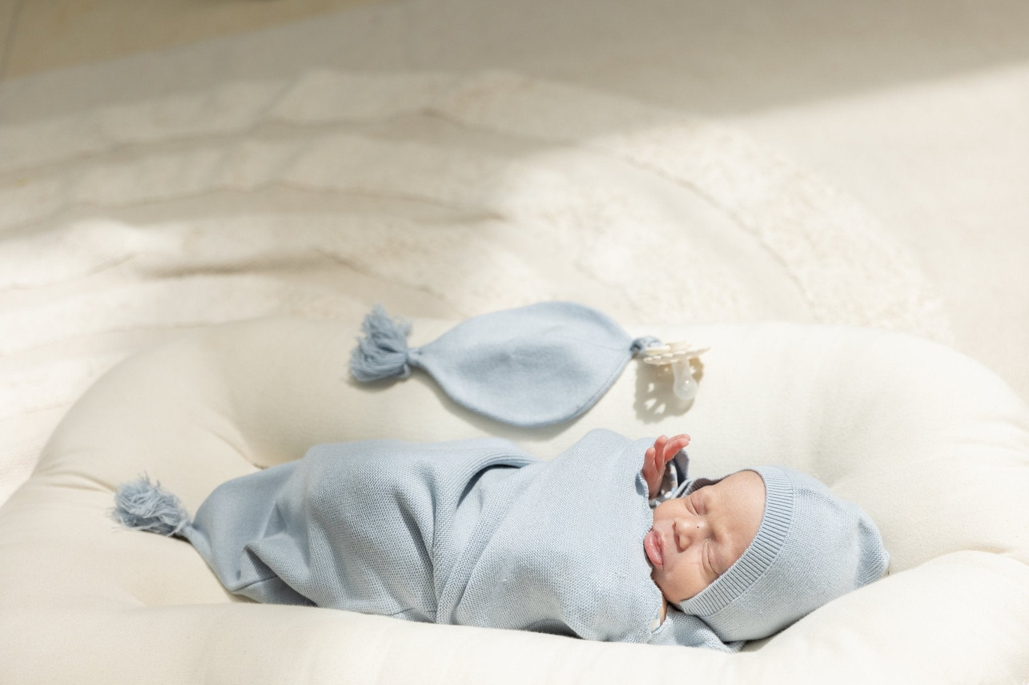 Bebe Bella Knitted Bonnet, Cacoon And Lovey Set - Blue - Blissful Bundlz