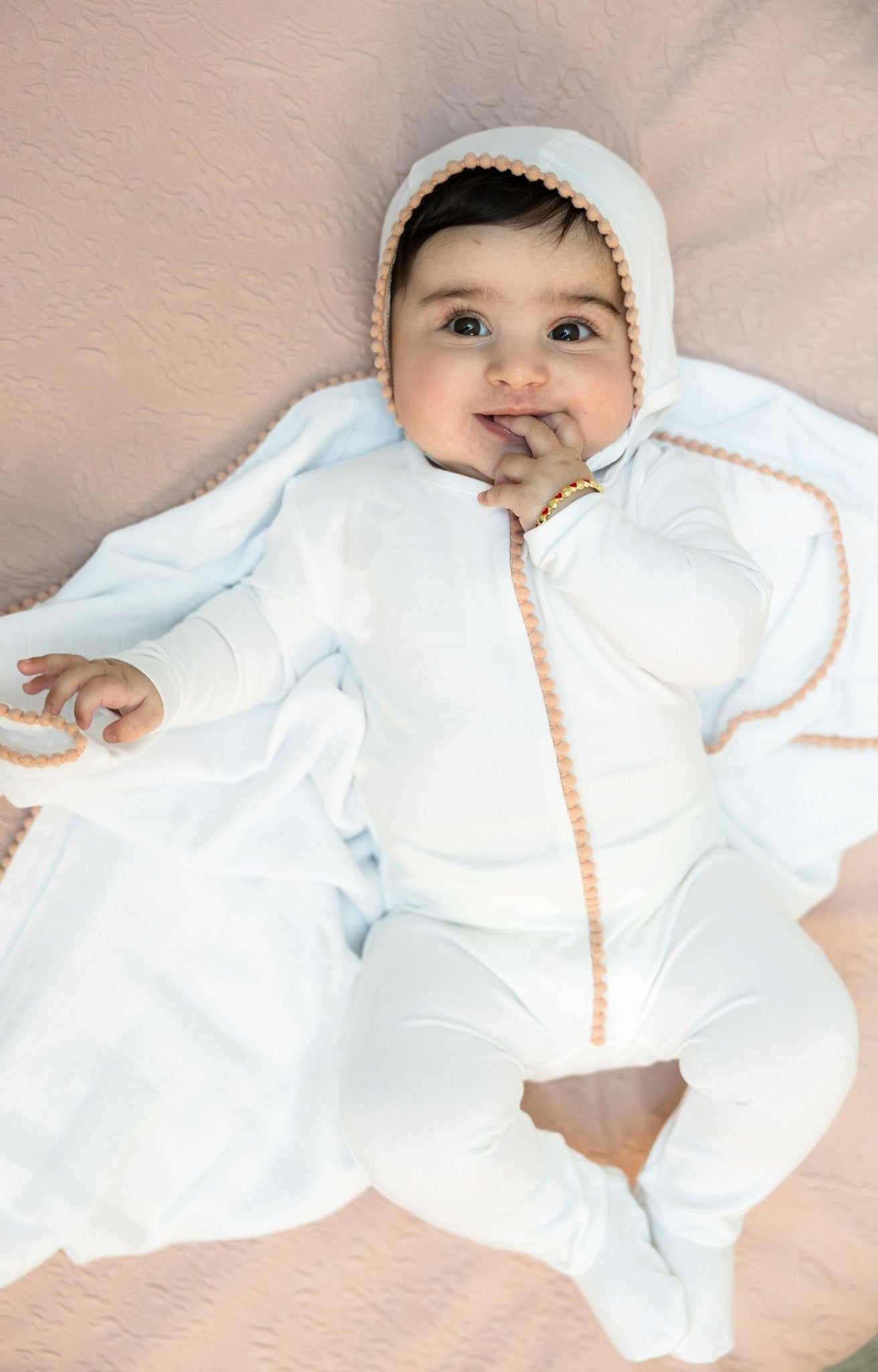 Bebe Bella Pompom Trim Footie & Bonnet - Blissful Bundlz