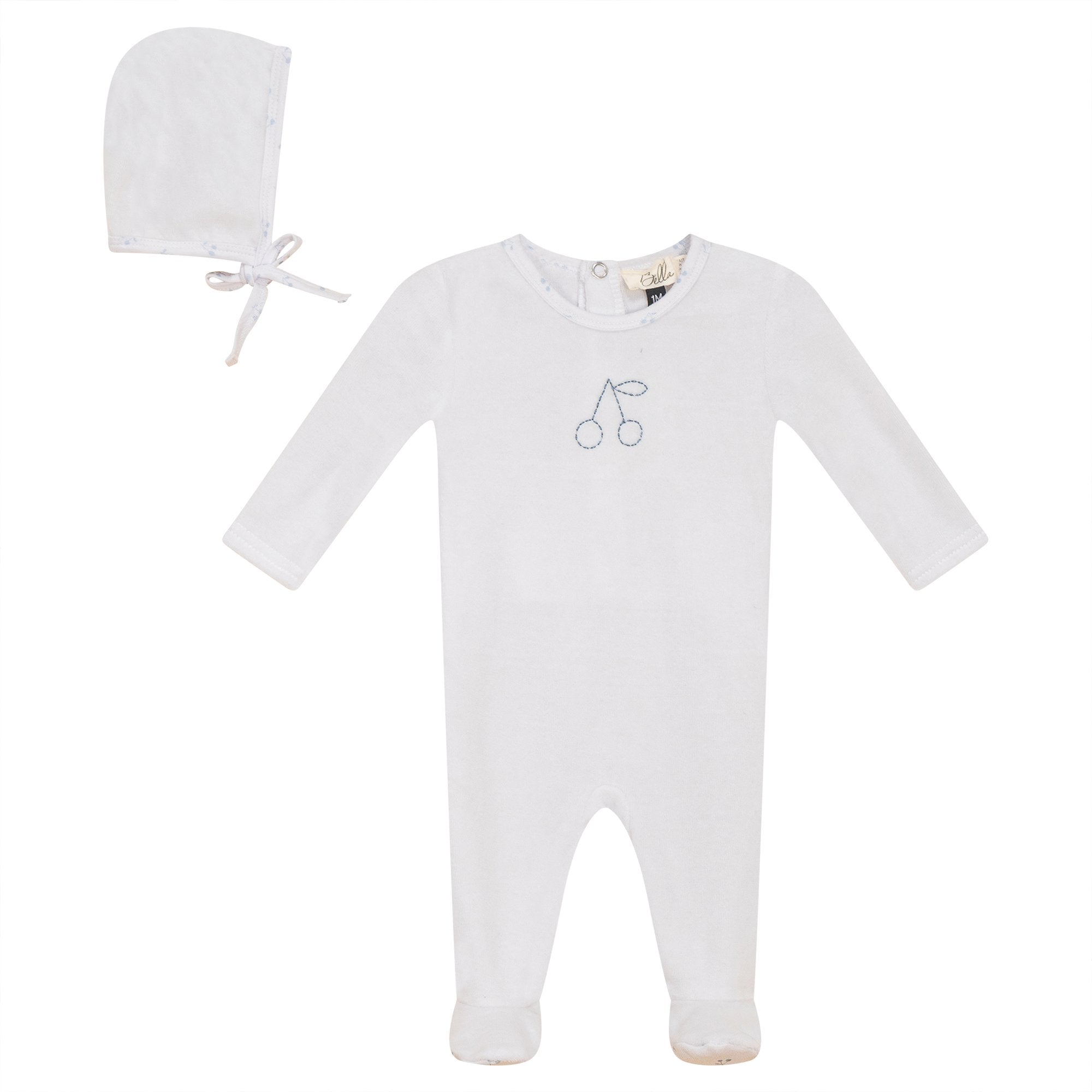 Bebe Bella White Velour Embroidered Cherry Footie & Bonnet - Blissful Bundlz