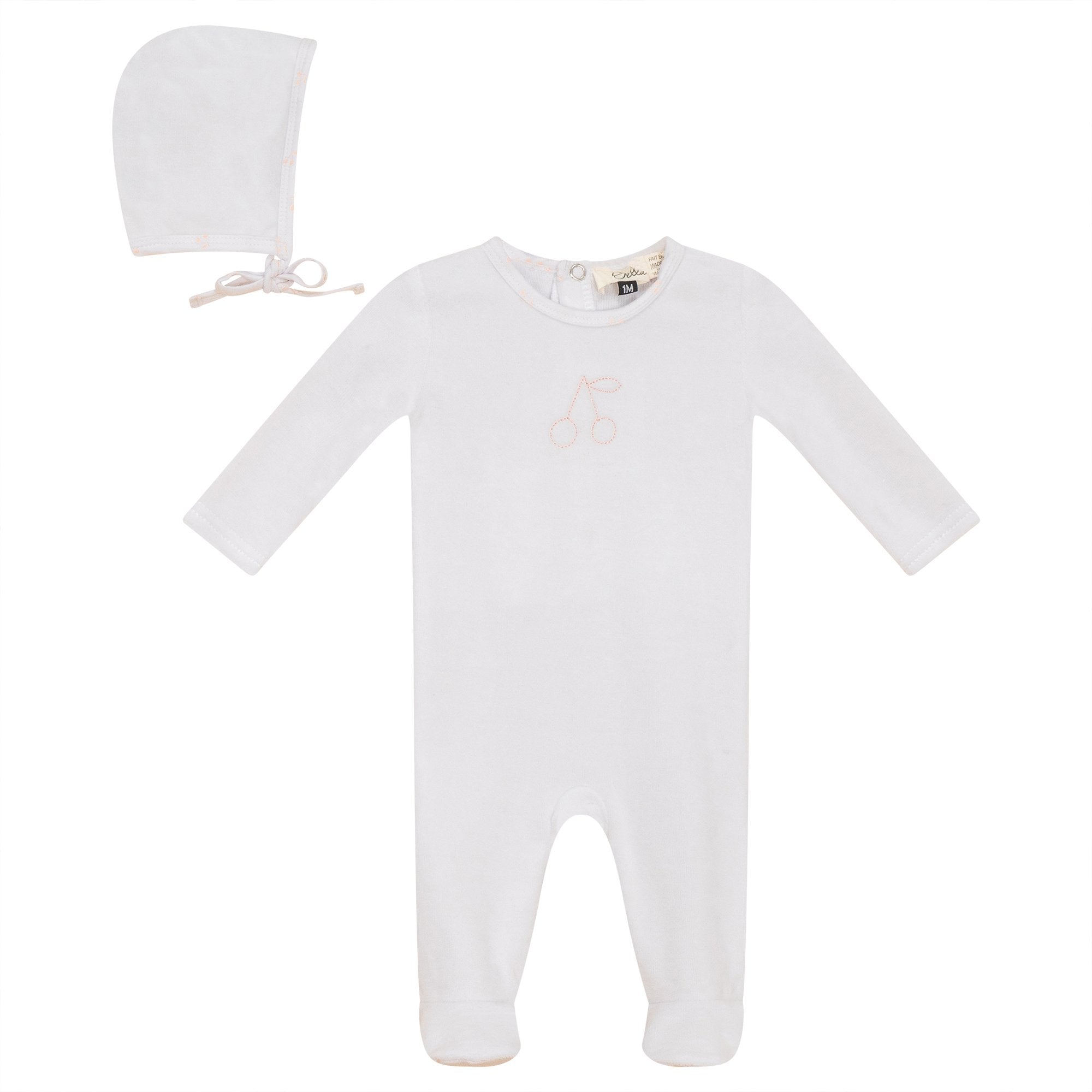 Bebe Bella White Velour Embroidered Cherry Footie & Bonnet - Blissful Bundlz