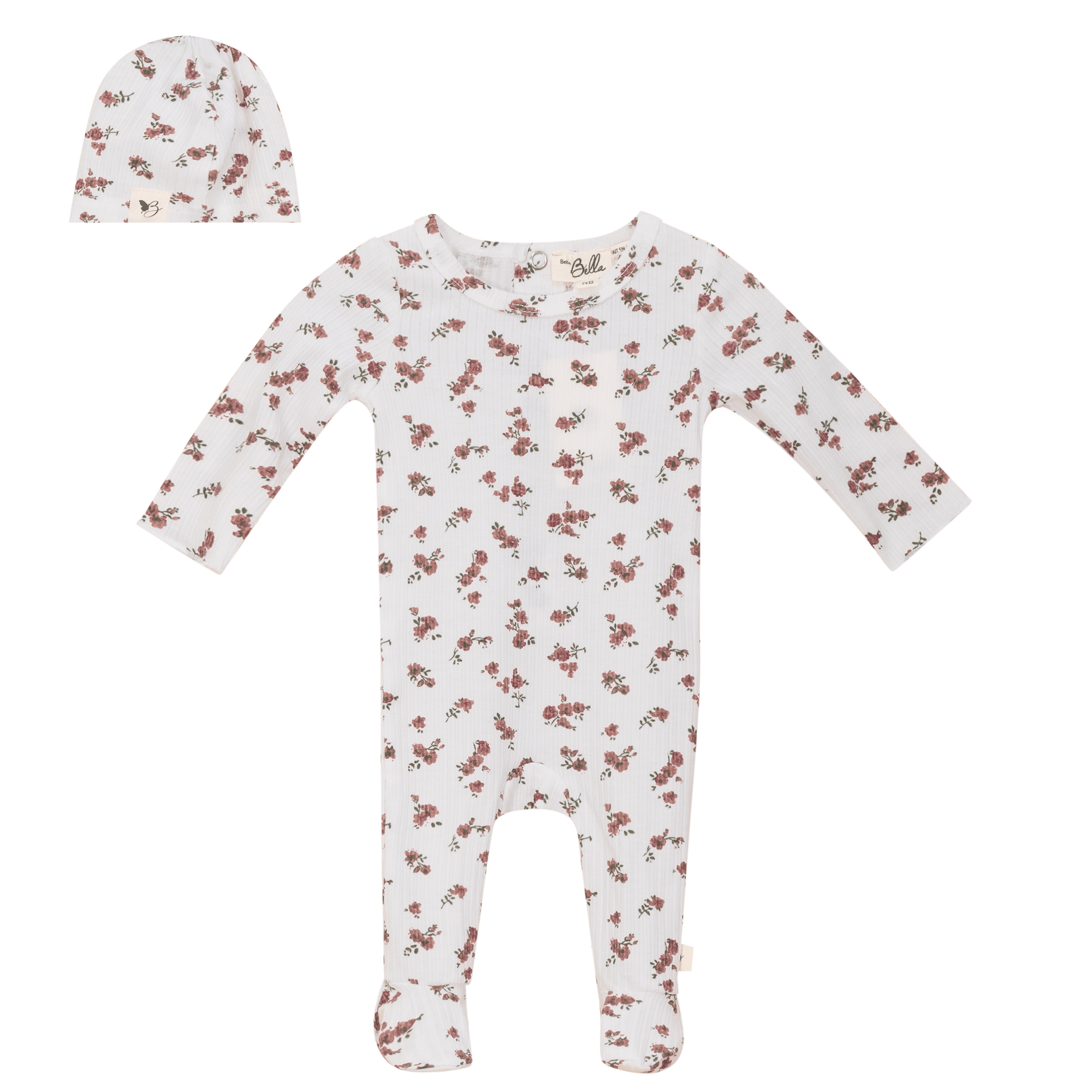 Bebe Bella Wide Rib Floral Printed Baby Girl Footie & Beanie - Blissful Bundlz