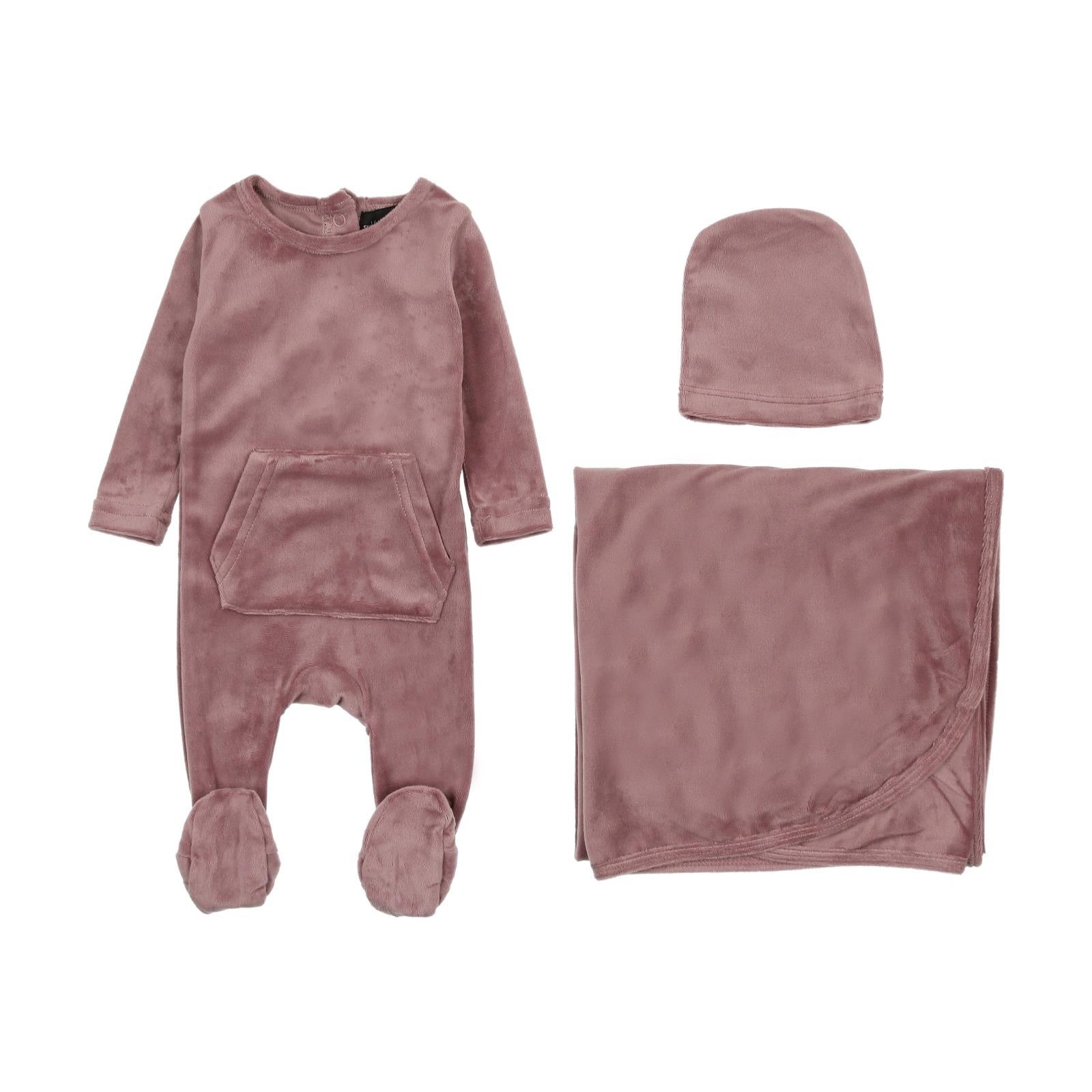 Cuddle & Coo Mauve Velour Kangaroo Pocket Footie - Blissful Bundlz