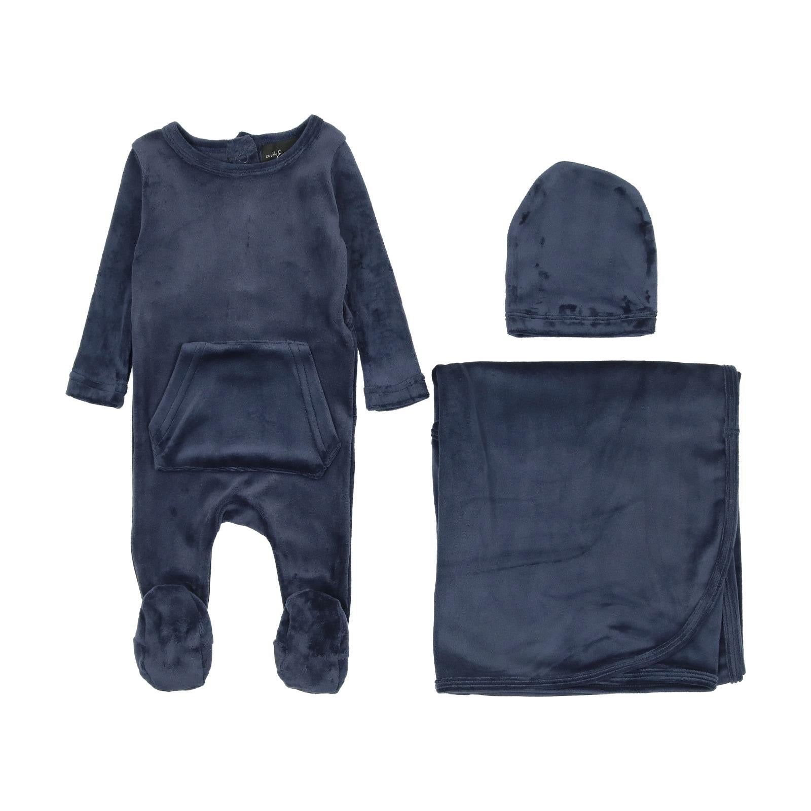 Cuddle & Coo Navy Velour Kangaroo Pocket Footie - Blissful Bundlz