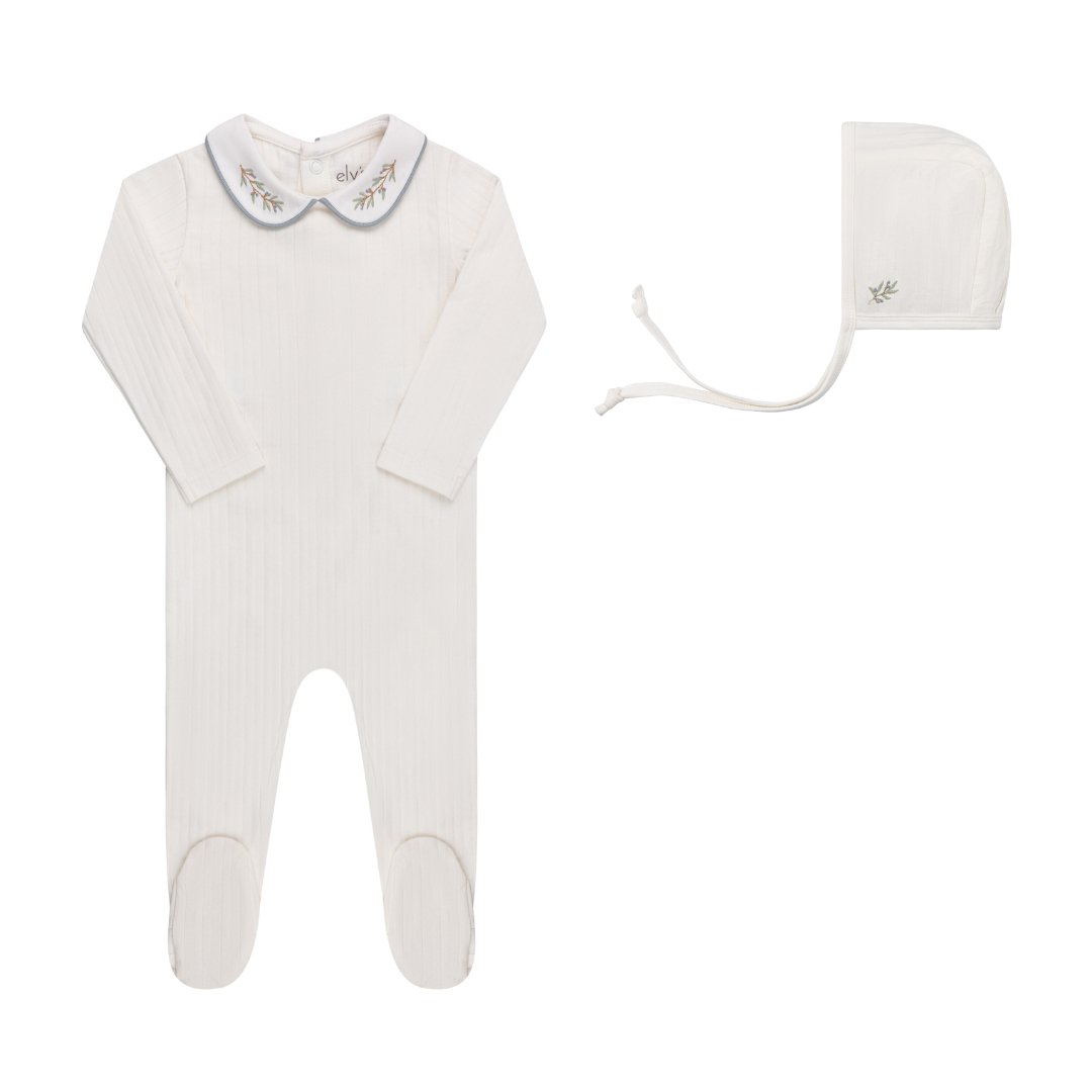 Elys & Co. Cotton Wide Ribbed Embroidered Collar Collection Footie & Bonnet - Blissful Bundlz