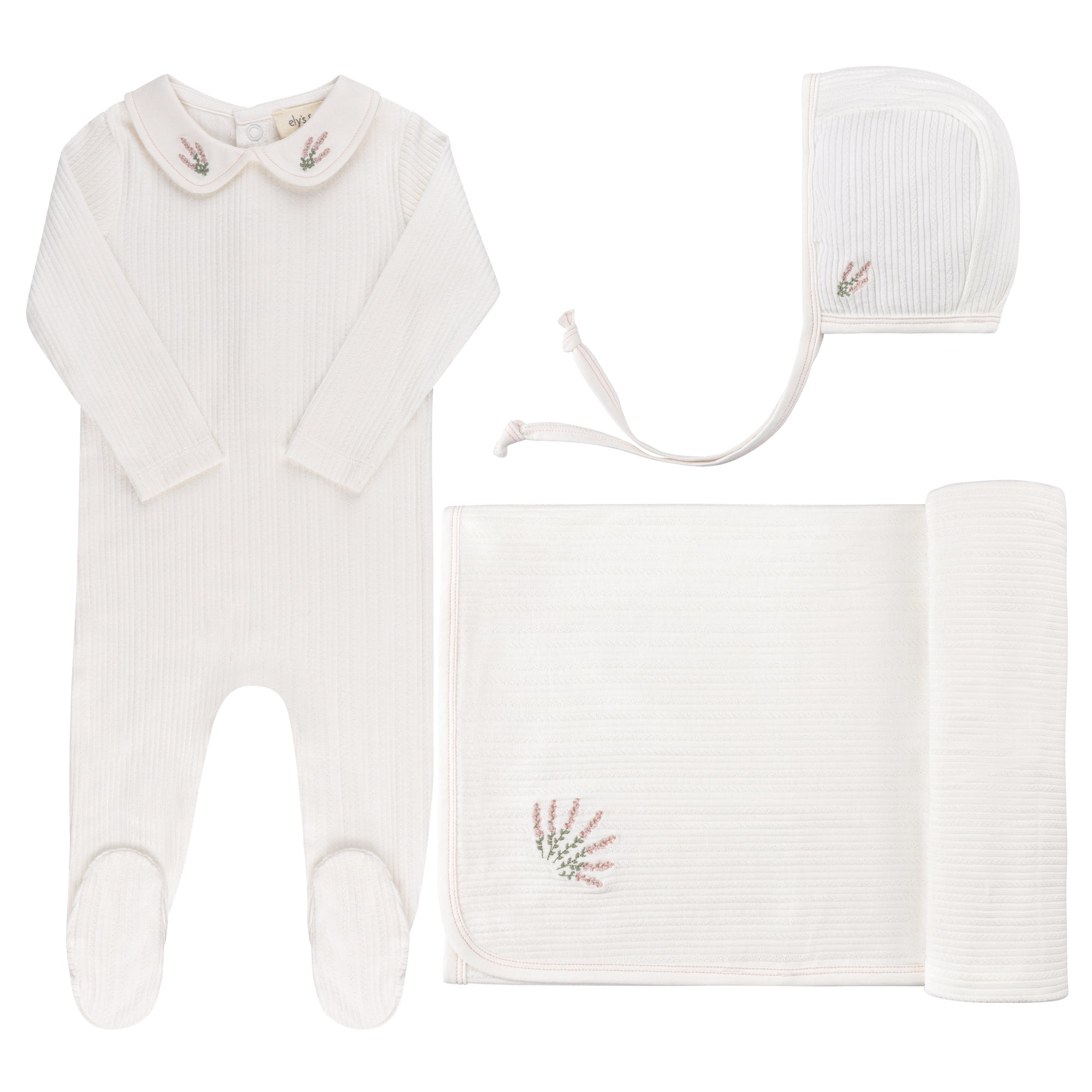 Ely’s & Co. Organic Embroidered Collar Collection 3 Pc Layette Set - Ivory Heather - Blissful Bundlz