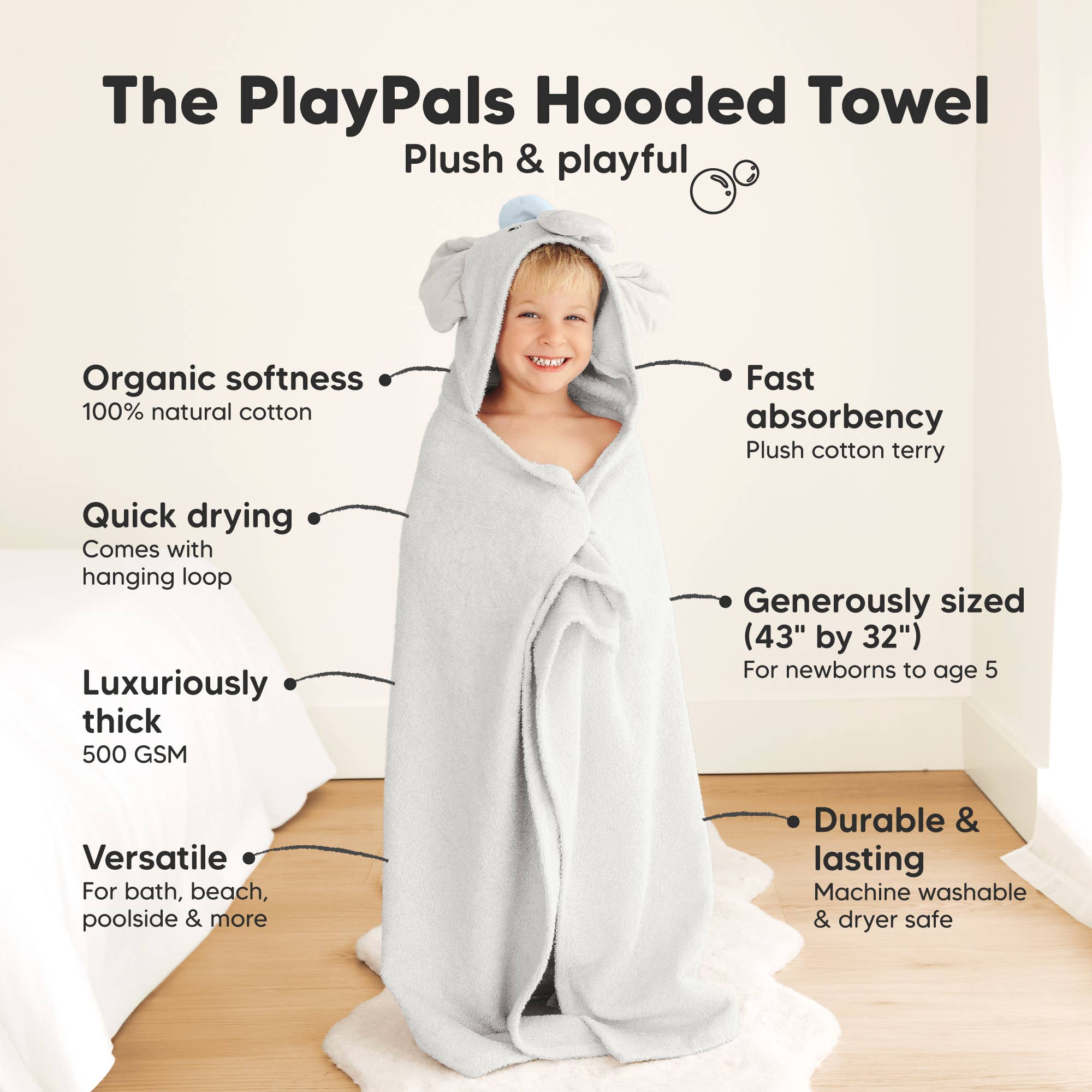 KeaBabies Playpals Boy Elephant Hooded Baby Bath Towel - Towel