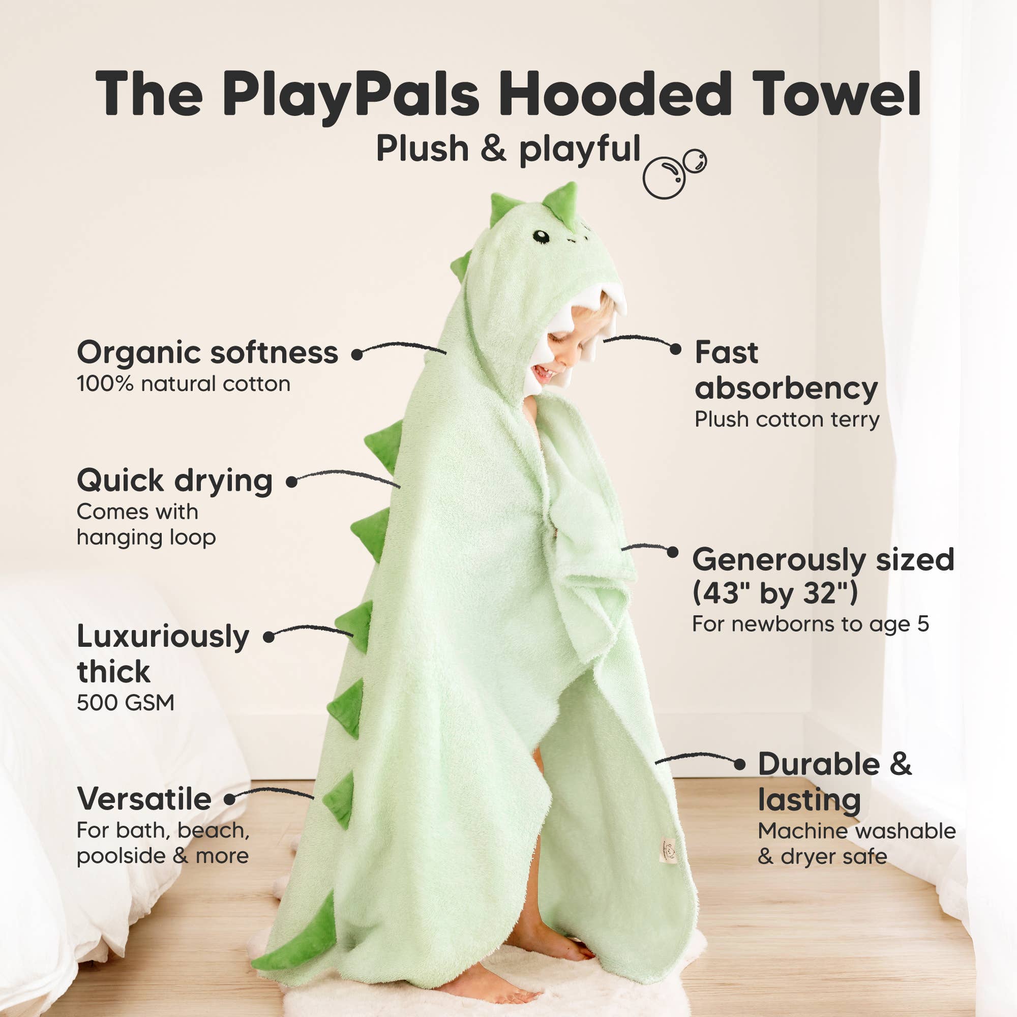 KeaBabies Playpals Dino Hooded Baby Bath Towel - Towel