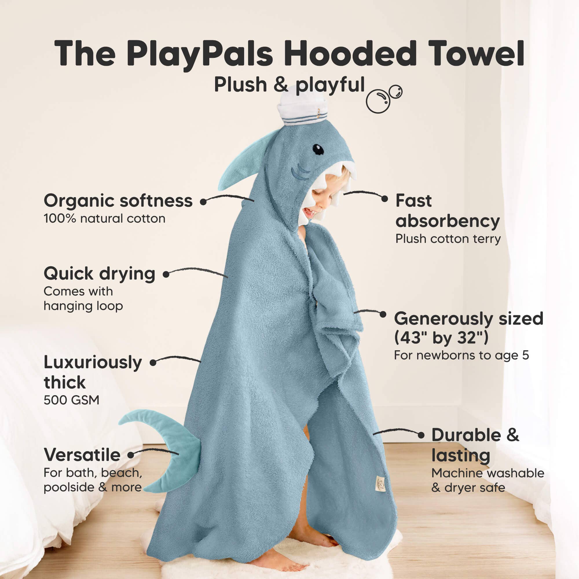 KeaBabies Playpals Sharky Hooded Baby Bath Towel - Towel