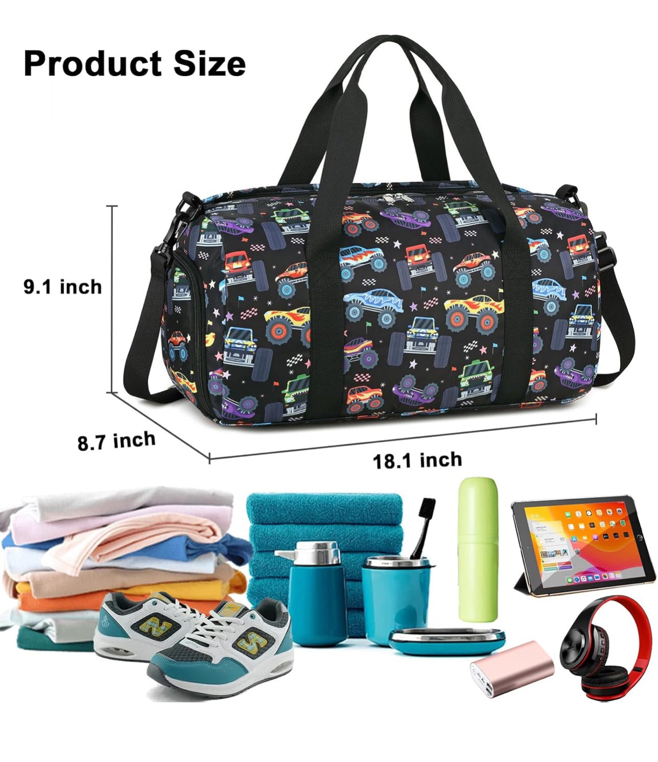 Kids Duffle Bag with Monster Cars - Blissful Bundlz