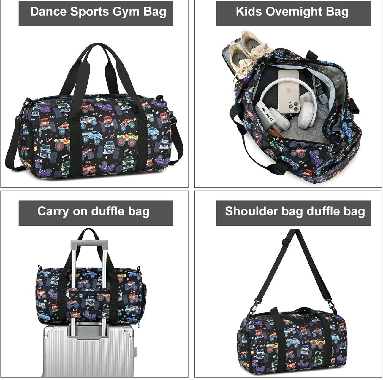 Kids Duffle Bag with Monster Cars - Blissful Bundlz
