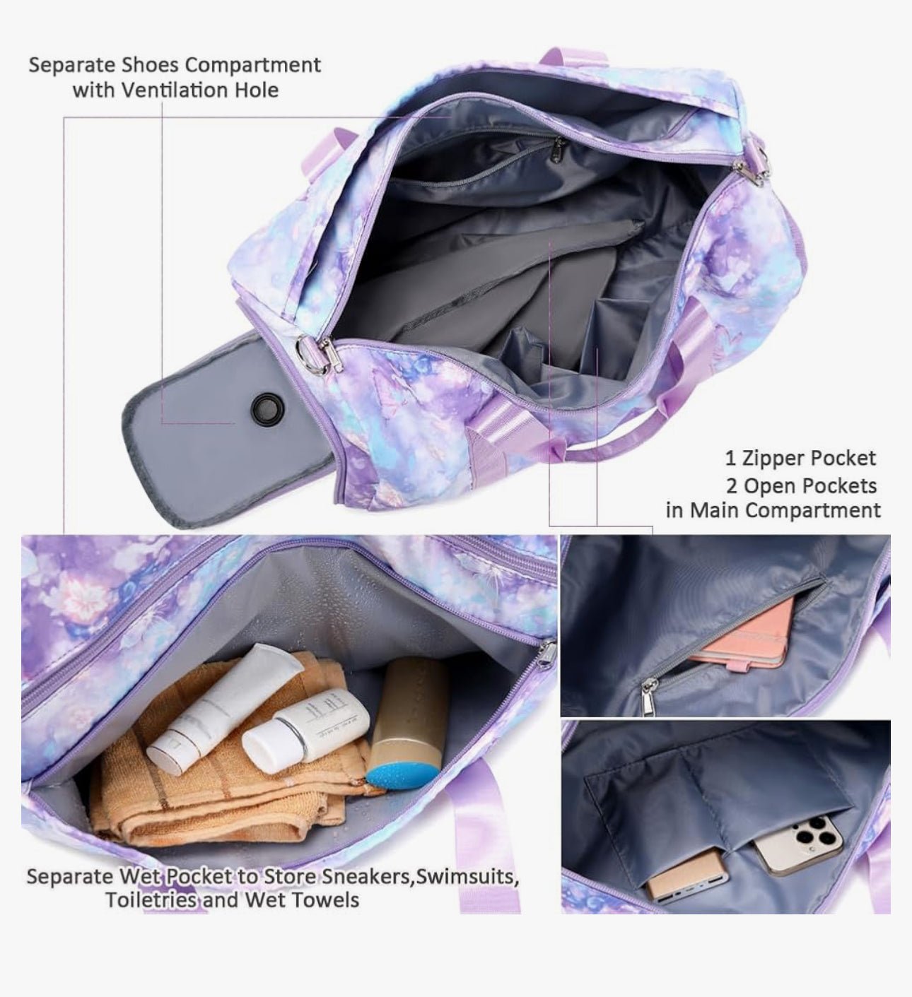 Kids Duffle Bag with Purple Flowers and Butterflies - Blissful Bundlz