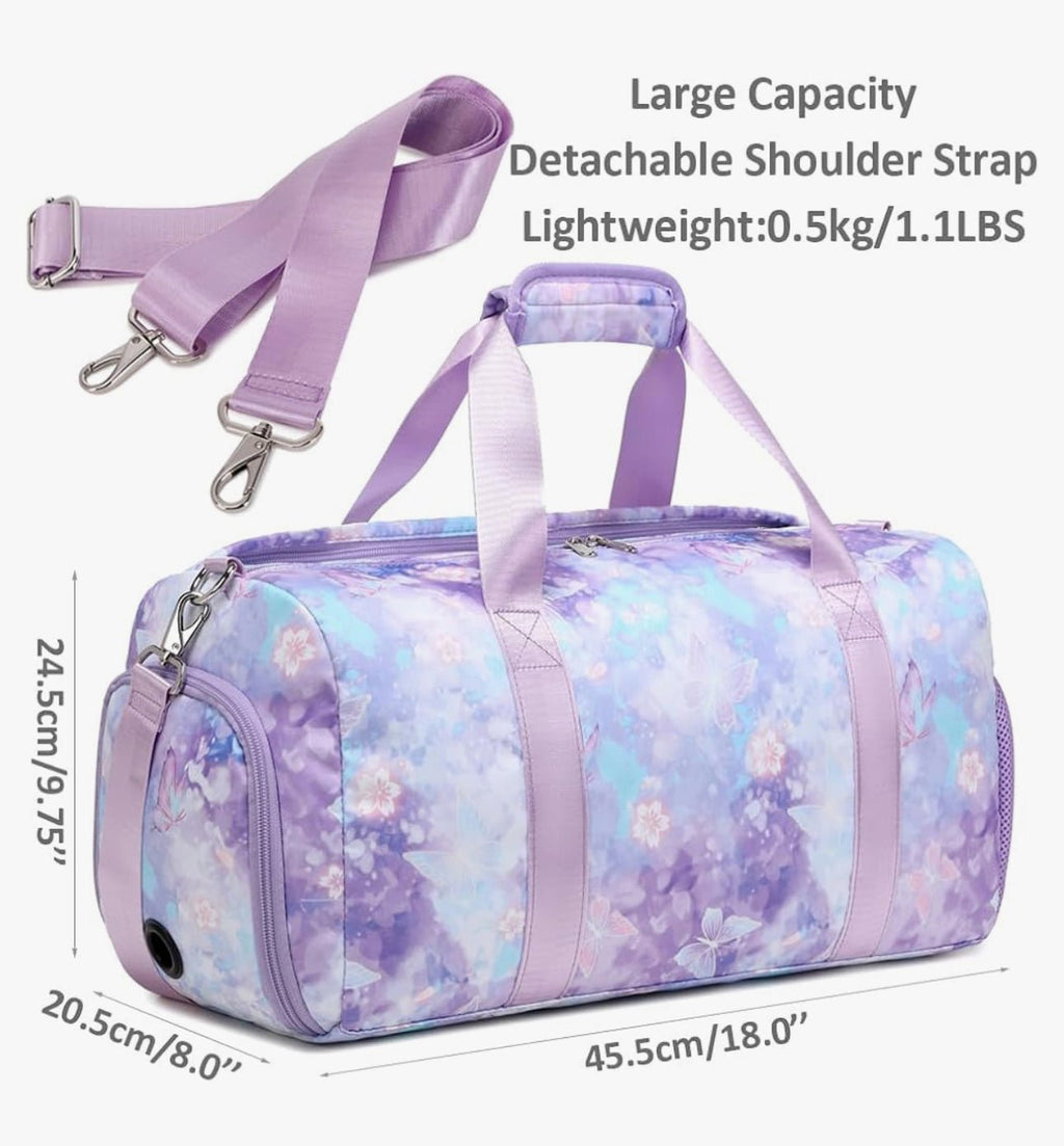 Kids Duffle Bag with Purple Flowers and Butterflies - Blissful Bundlz