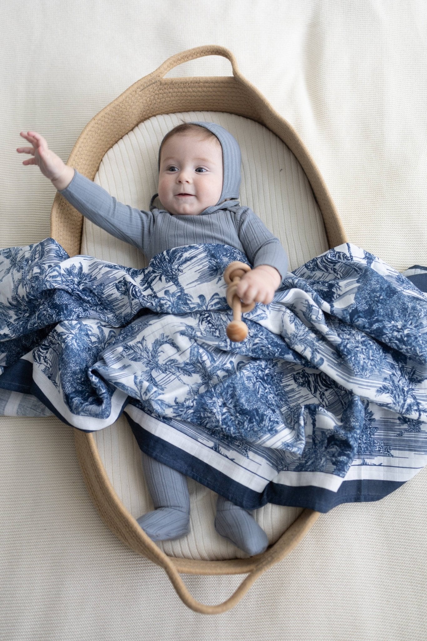 Little Threads Label - Blue Jungle Toile Muslin Blanket - Blissful Bundlz