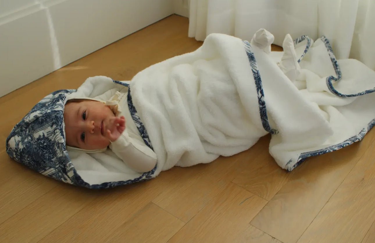 Little Threads Label Blue Toile Hooded Baby Towel - Blissful Bundlz