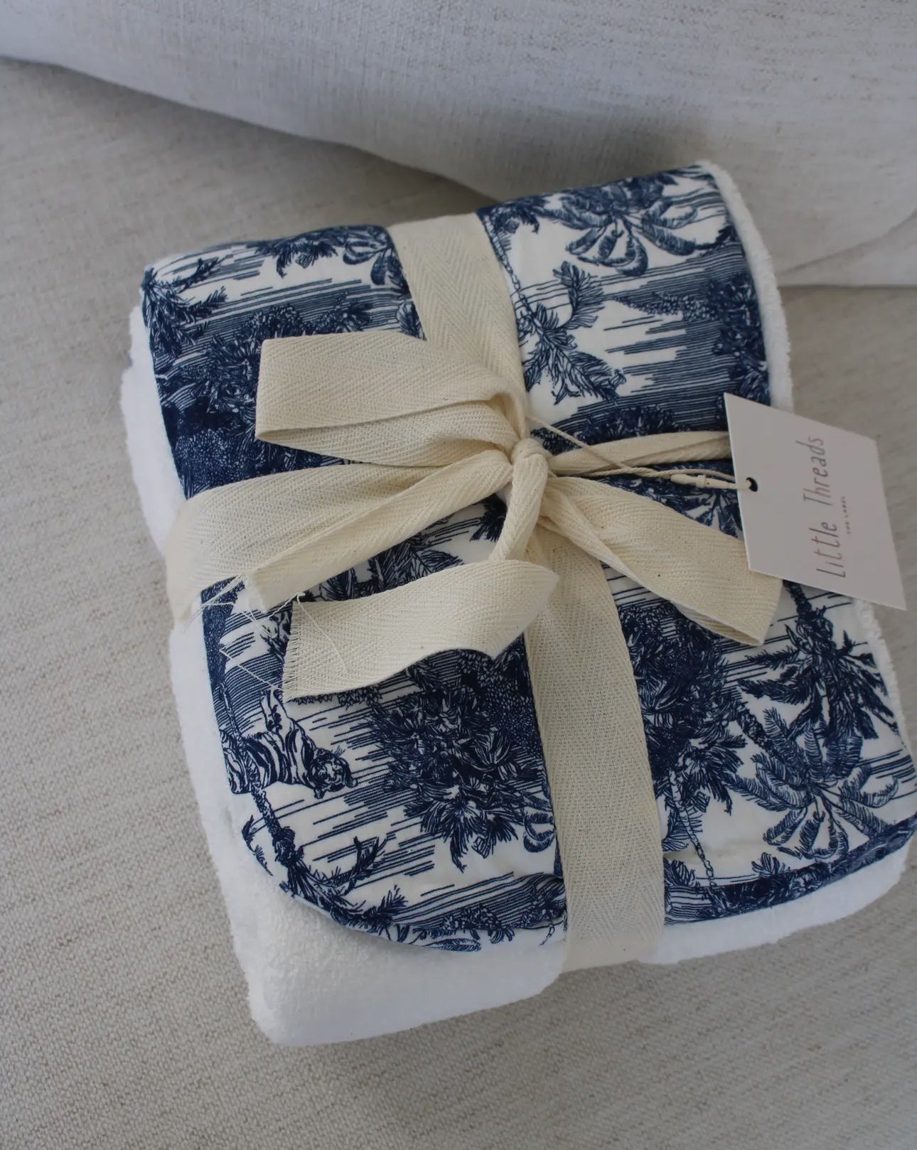 Little Threads Label Blue Toile Hooded Baby Towel - Blissful Bundlz