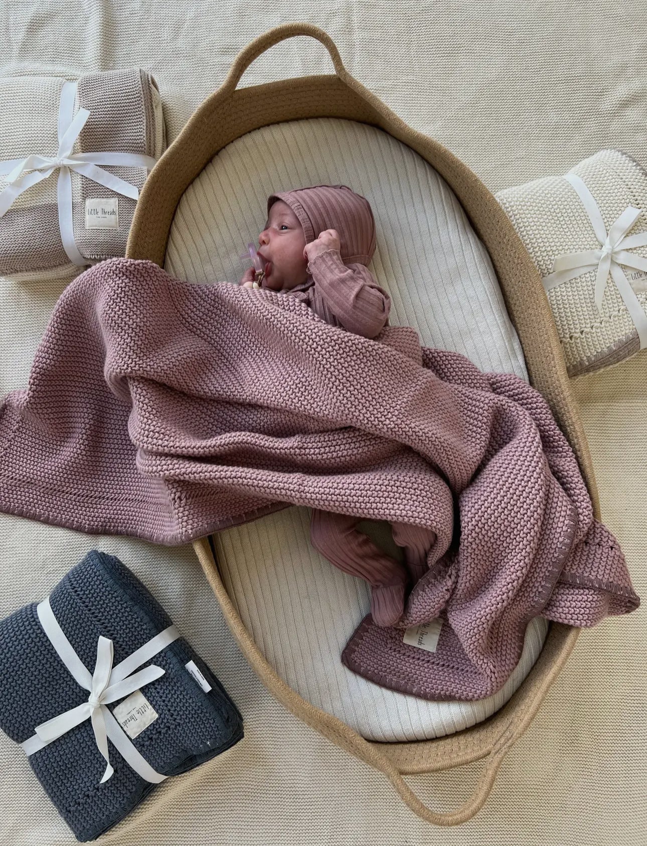 Little Threads Label Mauve Pink Knitted Cotton Blanket - Blissful Bundlz