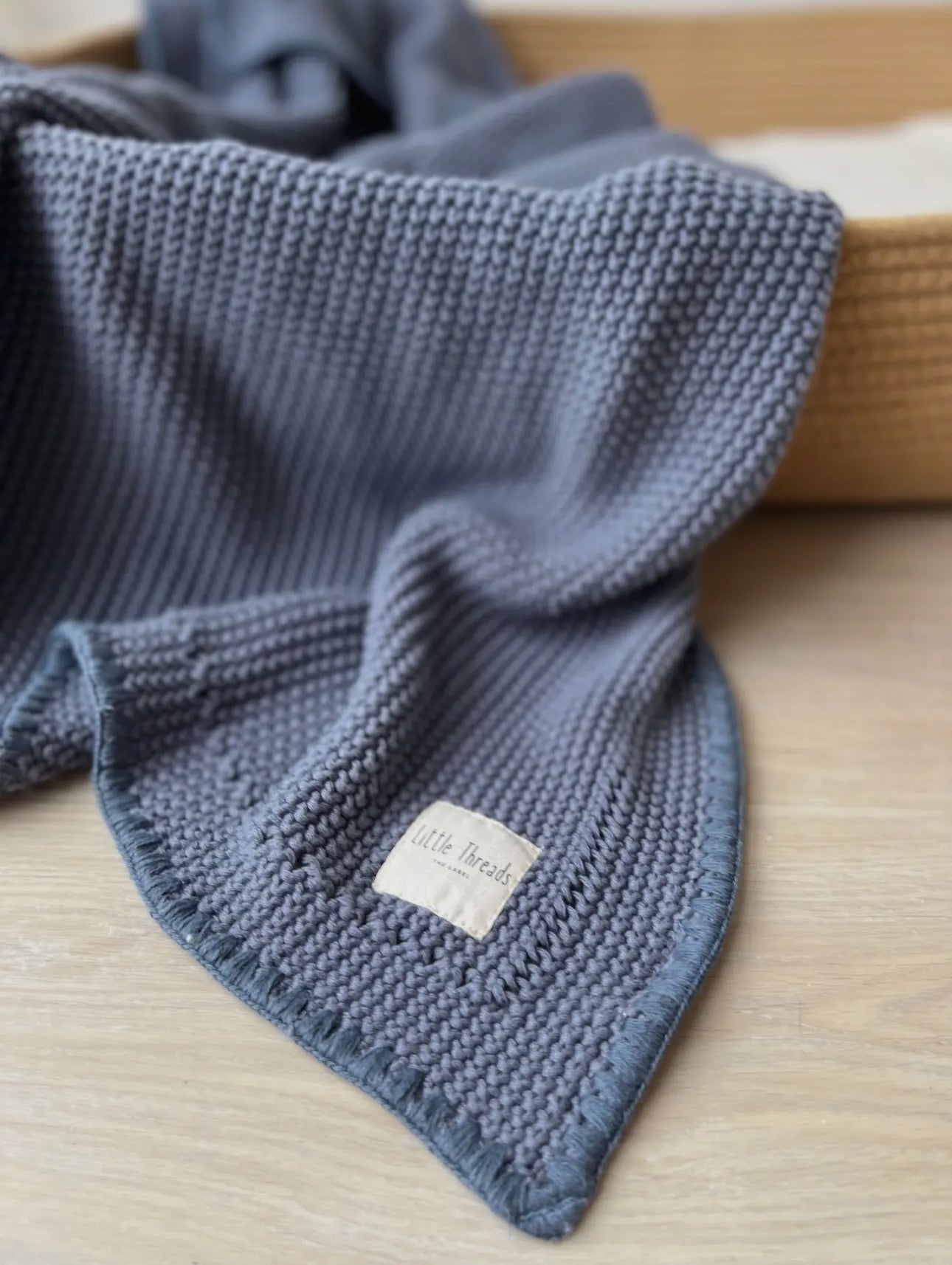 Little Threads Label Slate Blue Knitted Cotton Blanket - Blissful Bundlz