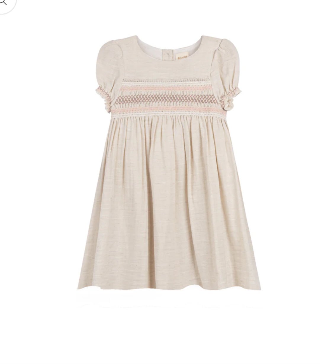 Looms Knits Stitch Collection - Short Sleeve Smocked Linen Dress - Natural - Blissful Bundlz