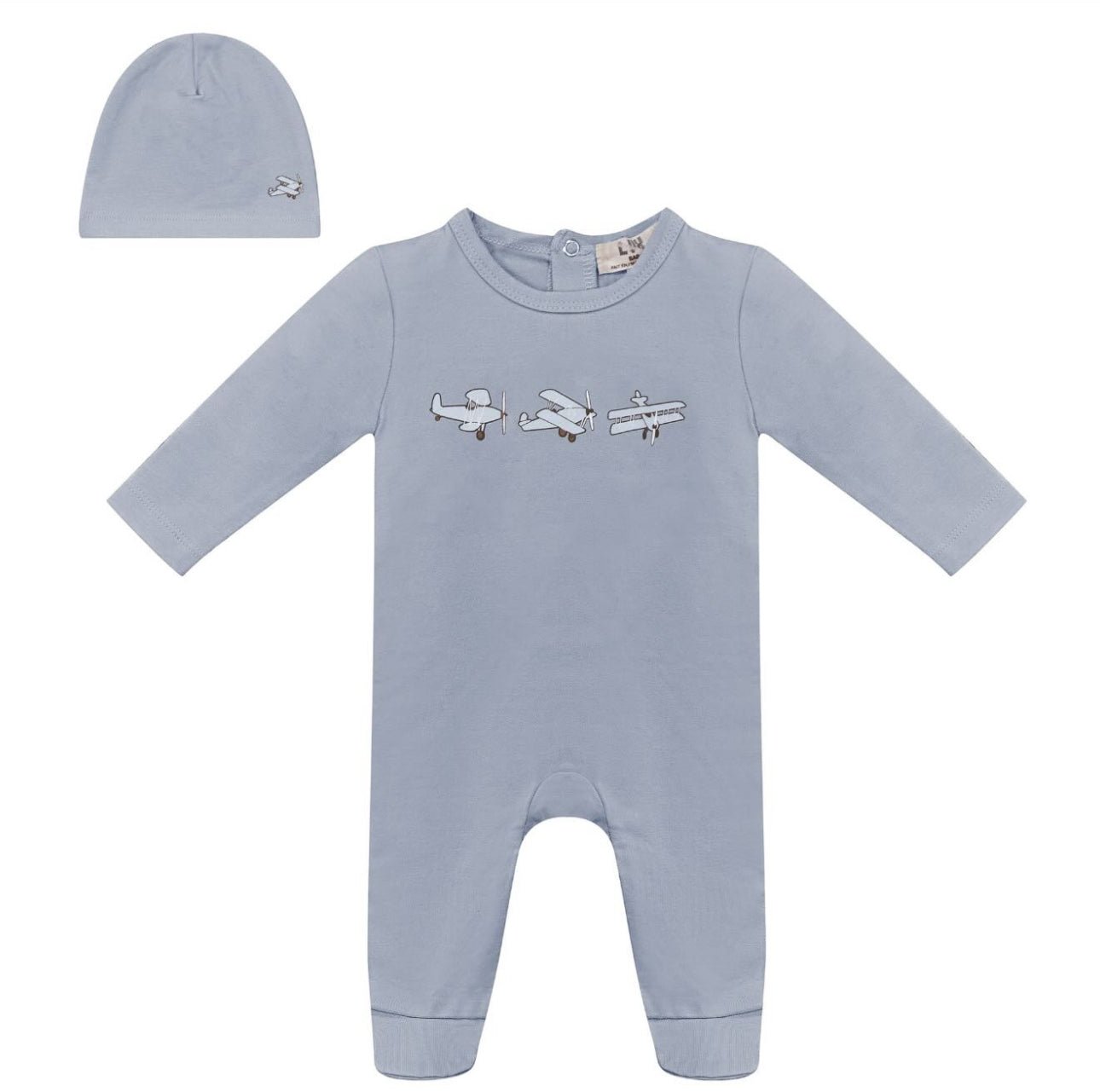 Lux Baby Airplane Appliqué Blue Cotton Footie & Beanie - Blissful Bundlz