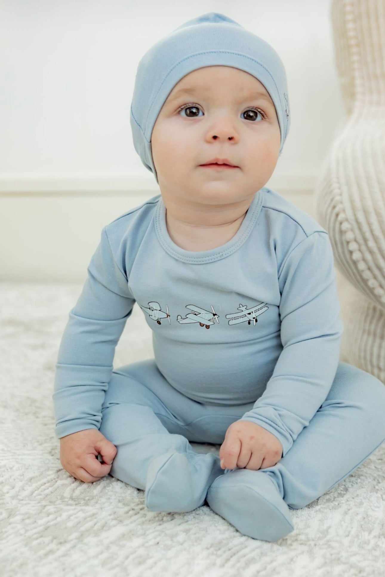 Lux Baby Airplane Appliqué Blue Cotton Footie & Beanie - Blissful Bundlz