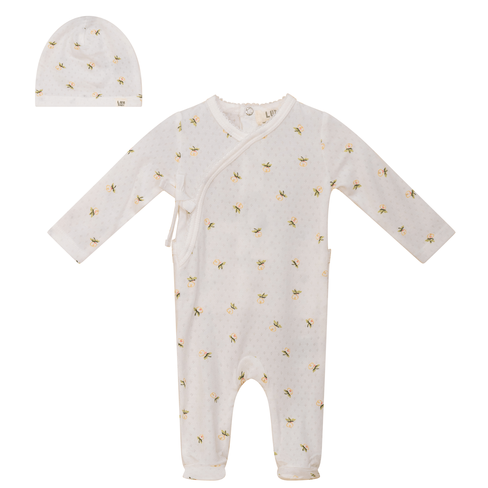 Lux Baby Floral Print Pointelle Jersey Baby Girl Footie & Beanie - Blissful Bundlz