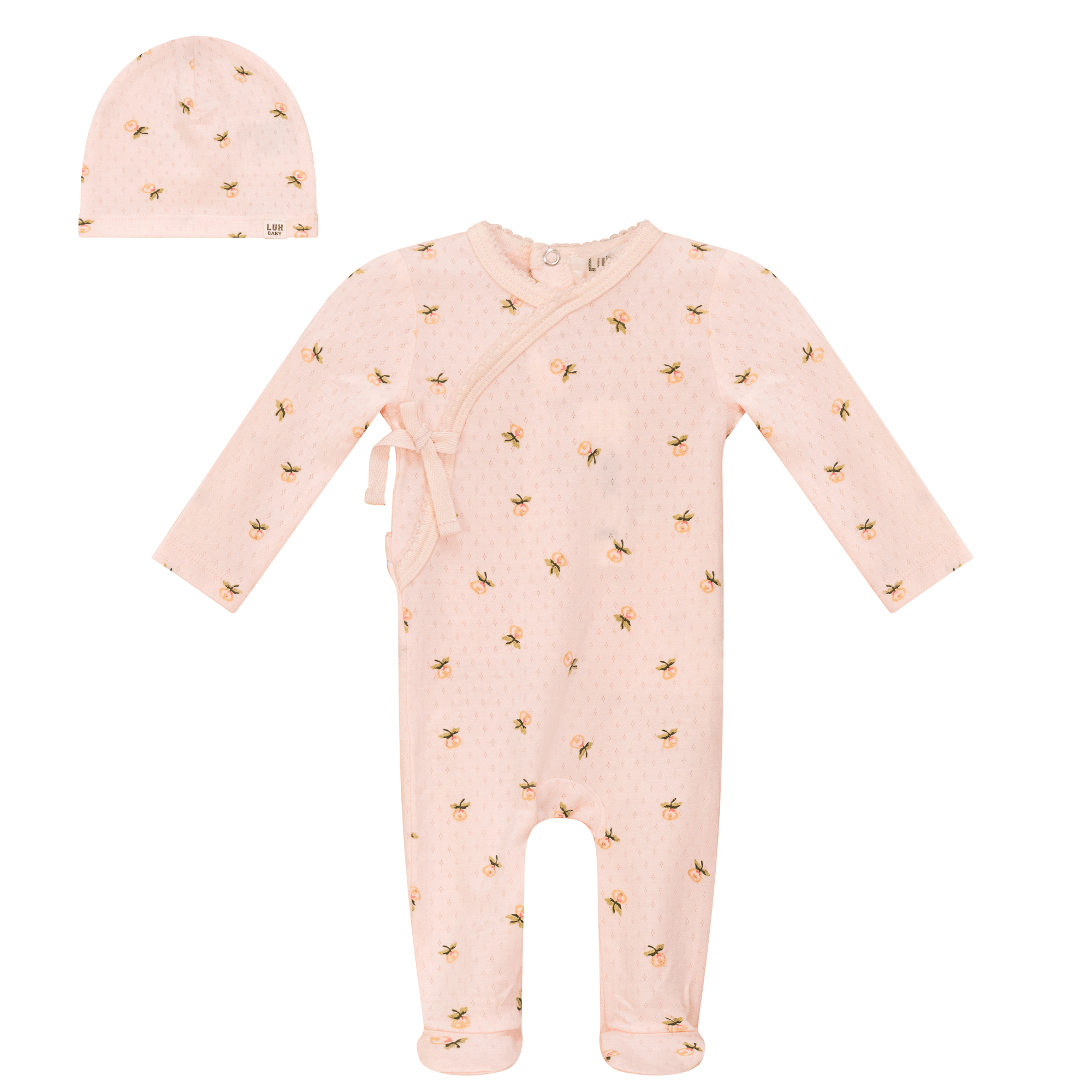 Lux Baby Floral Print Pointelle Jersey Baby Girl Footie & Beanie - Blissful Bundlz