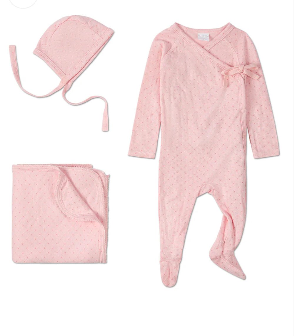 MiniMoí 3 Piece Girls Little Hearts Pointelle Layette Set - Blissful Bundlz