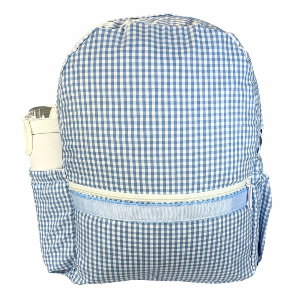 Mint - Baby Blue Gingham Medium Backpack with front pocket – personalized kids’ backpack from Blissful Bundlz.