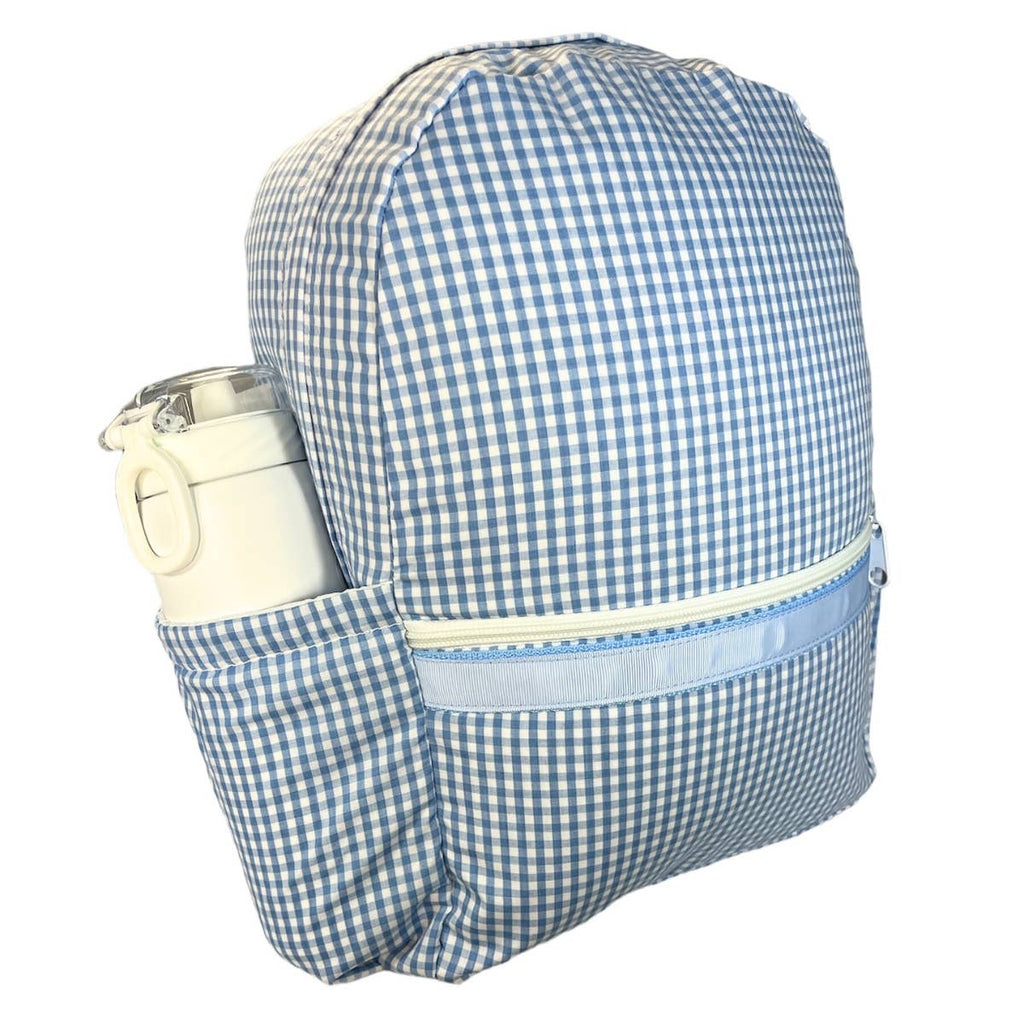 Mint - Baby Blue Gingham Medium Backpack with front and side pocket – personalized kids’ backpack from Blissful Bundlz.