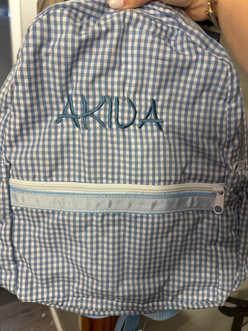 Mint - Baby Blue Gingham Medium Backpack w/ Pocket | Mint - Backpack
