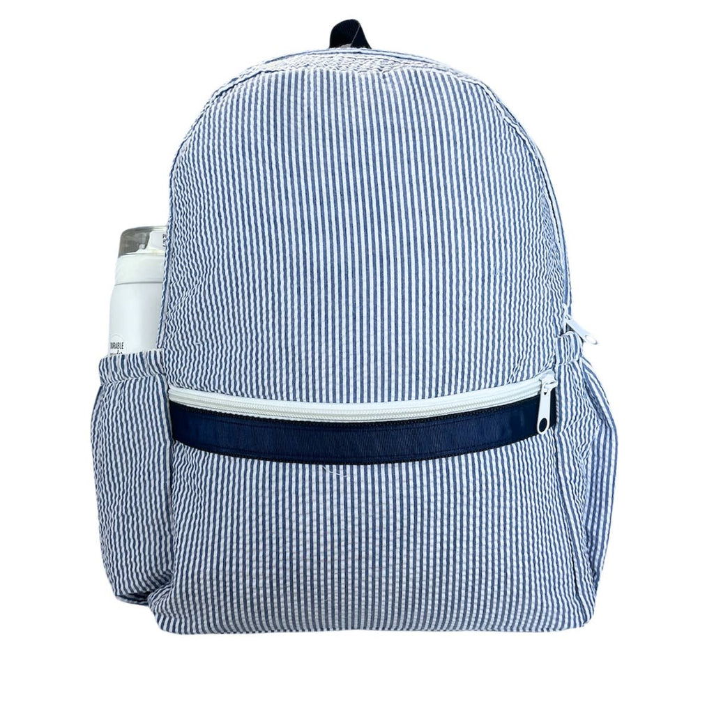 Mint - Navy Seersucker Medium Backpack w/ Pocket | Mint - Blissful Bundlz