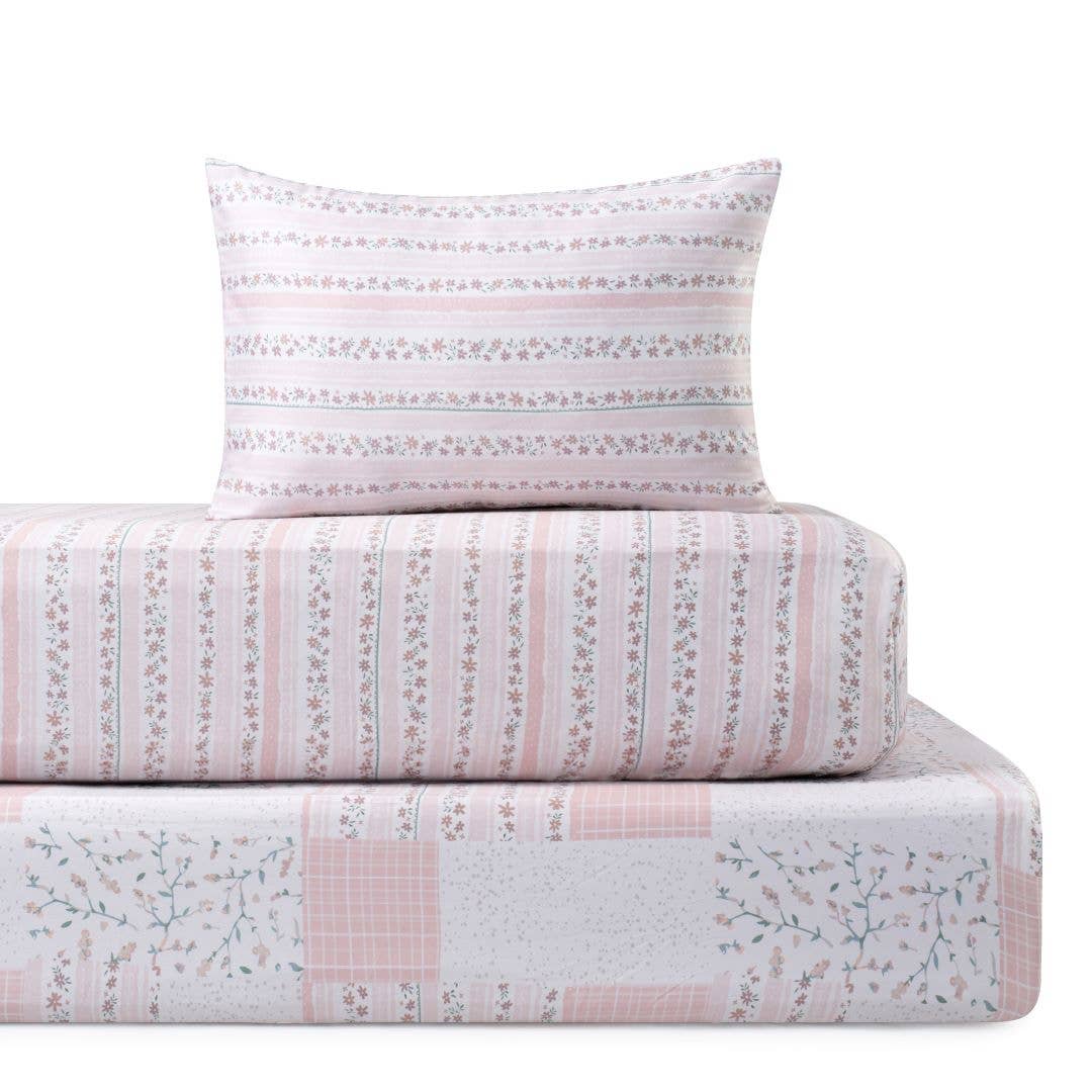 Petite Belle Bebe - Petite Belle Flora Patchwork Standard Crib Sheet Set - Pink/Grey - Blissful Bundlz