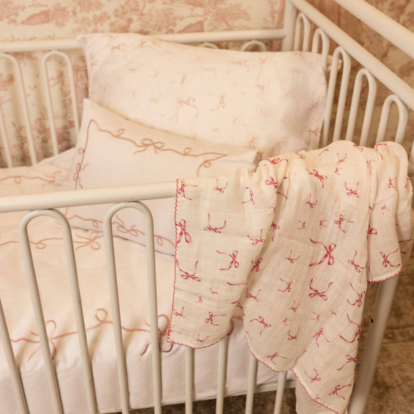 Petite Belle Bebe - Petite Belle Lafayette Pink Lace Embroidered Crib Set - Blissful Bundlz