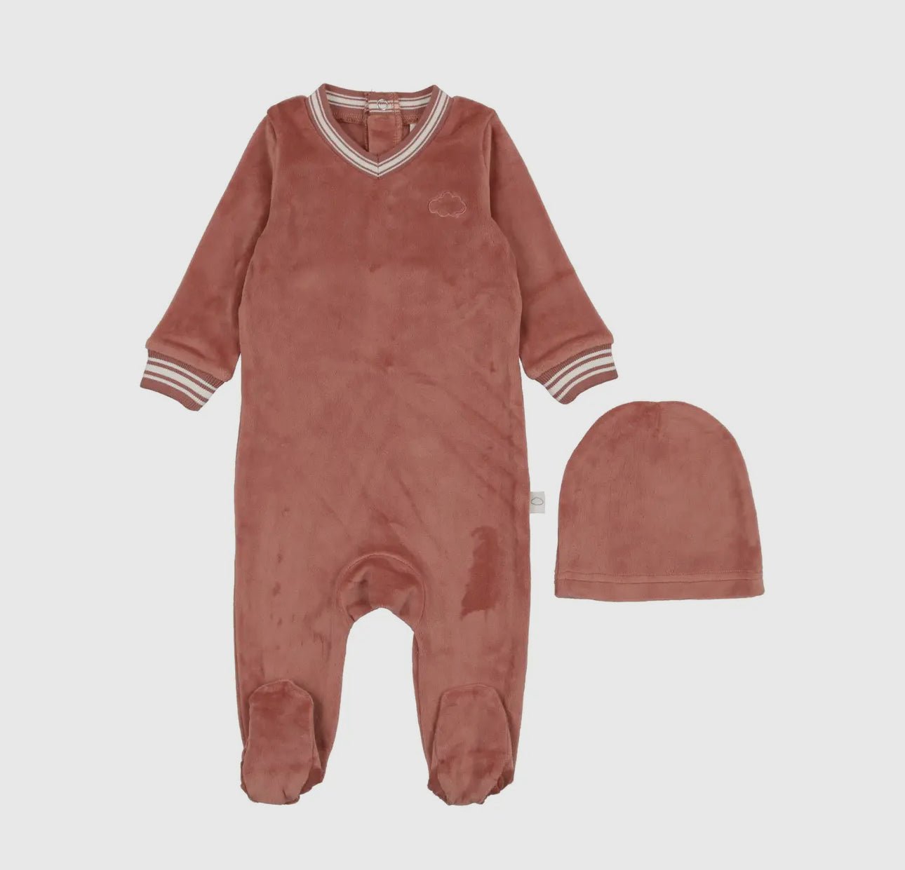 Pouf Baby Velour Varsity Footie & Beanie - Dusty Rose - Blissful Bundlz