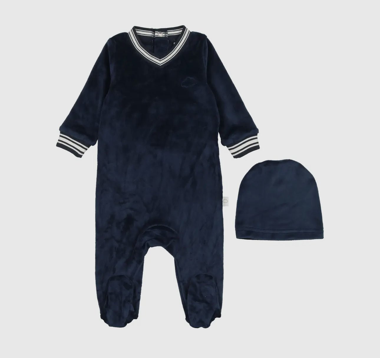 Pouf Baby Velour Varsity Footie & Beanie - Midnight Blue - Blissful Bundlz