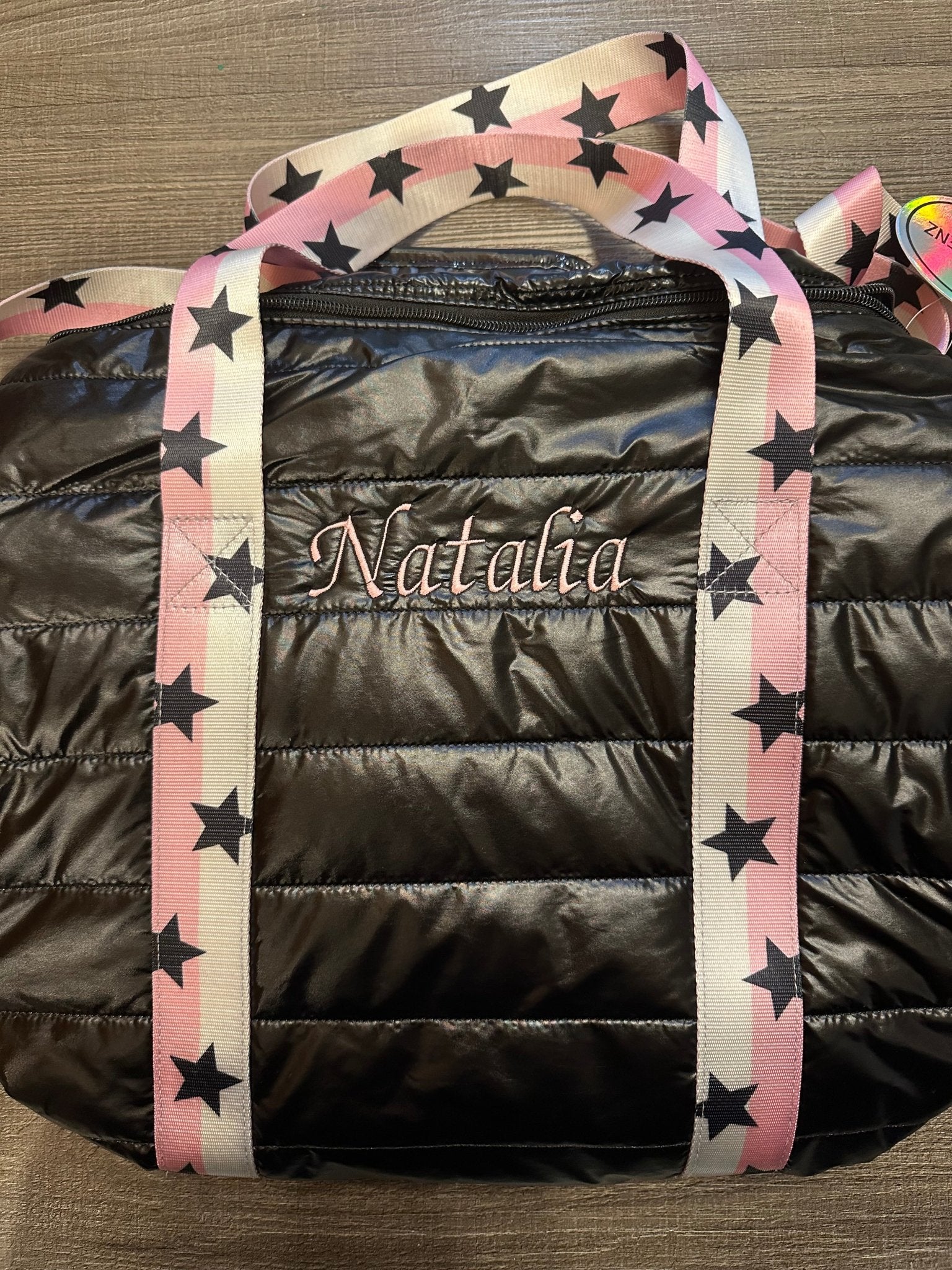 Top Trenz - Black Puffer Duffle Bag Pink White Split Star Strap - Duffle Bag