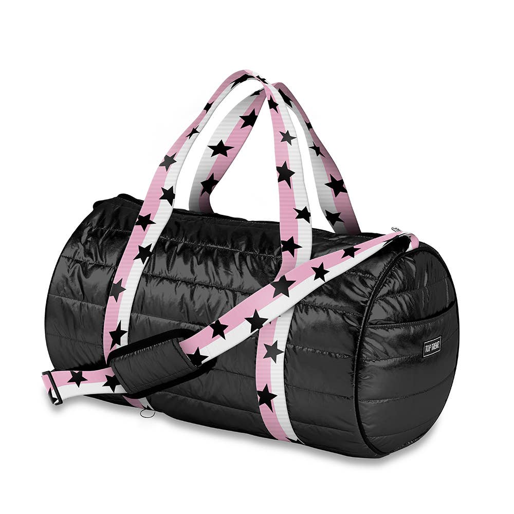 Top Trenz - Black Puffer Duffle Bag Pink White Split Star Strap - Blissful Bundlz