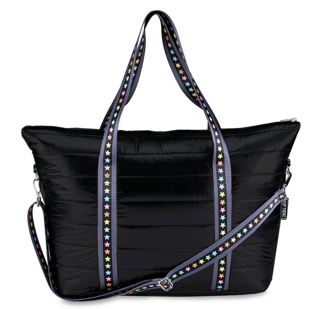 Top Trenz Black Puffer Tote Multi Star Strap - Duffle Bag