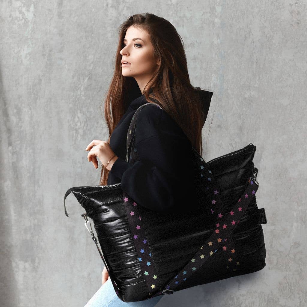 Top Trenz Black Puffer Tote with Scatter Star Strap - Blissful Bundlz