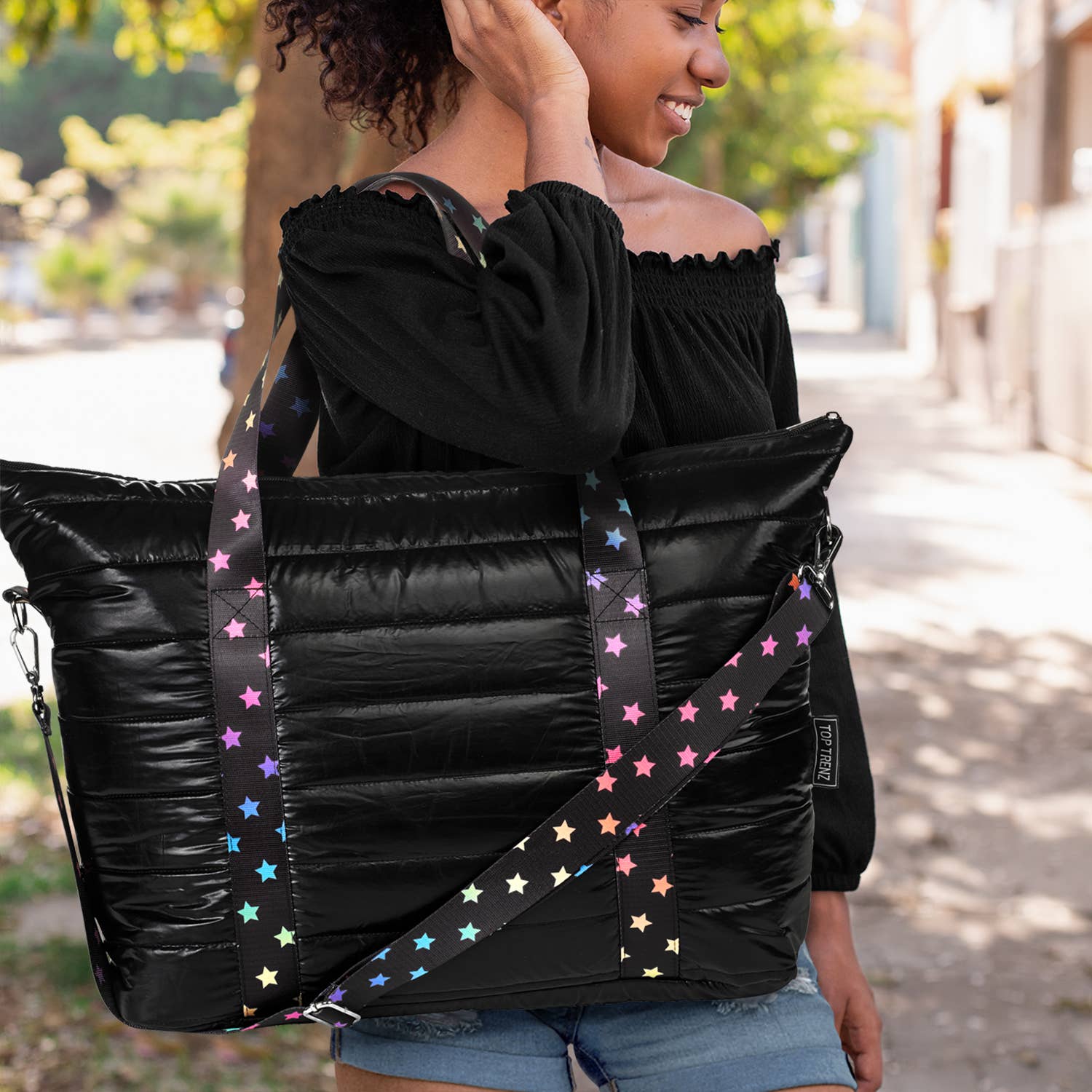 Top Trenz Black Puffer Tote with Scatter Star Strap - Blissful Bundlz